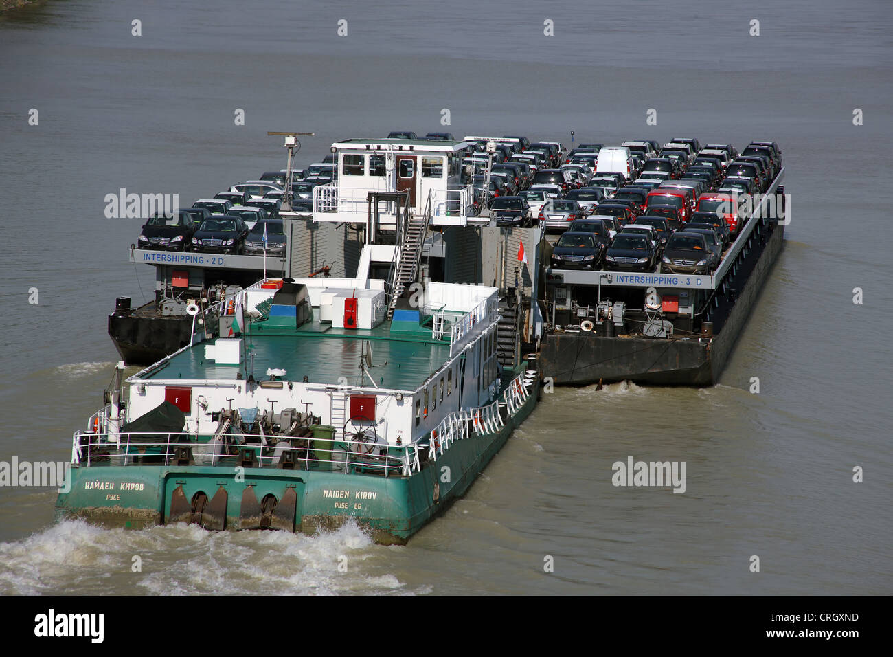 barge with new cars on Danube River, Austria Stock Photo Alamy