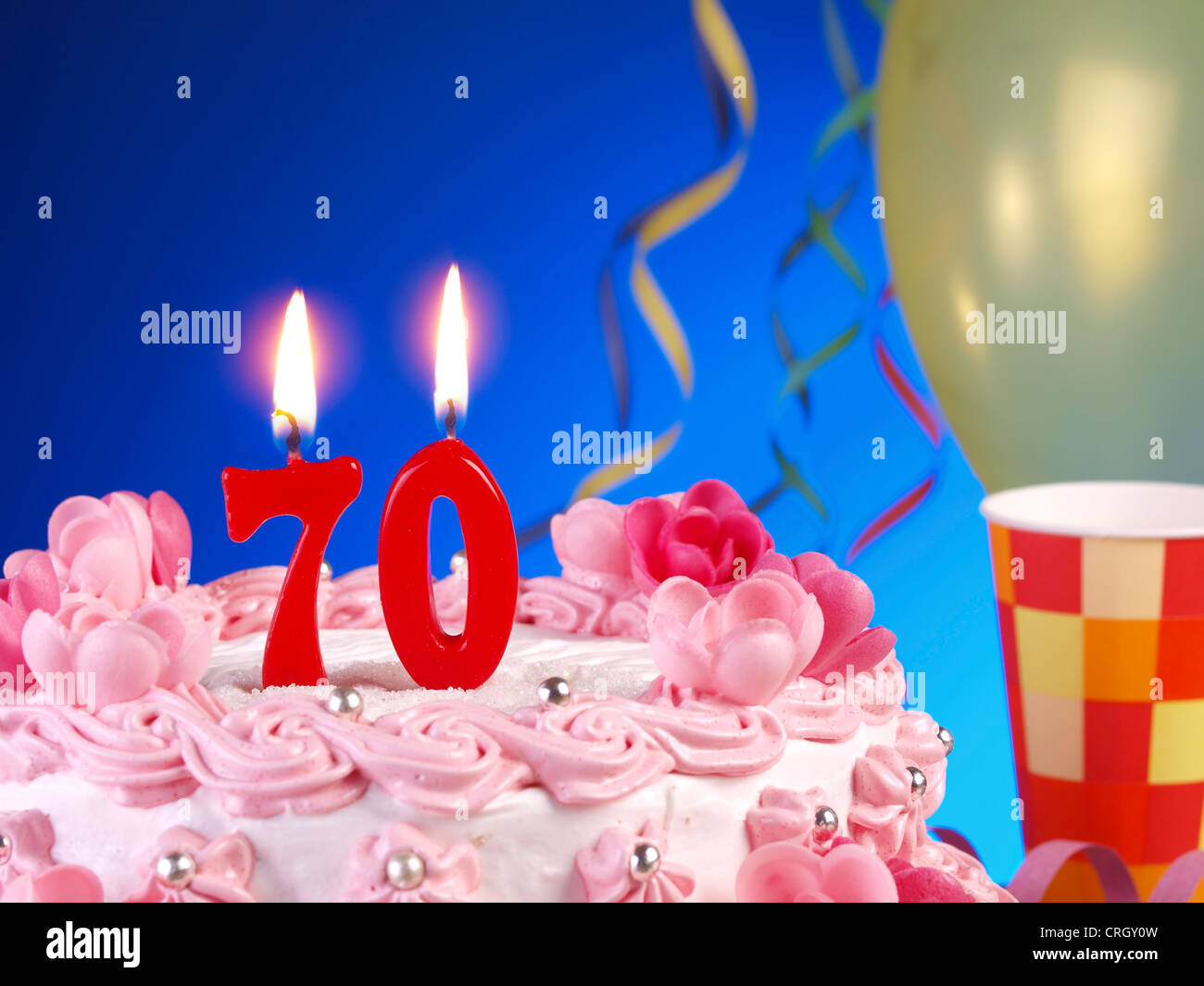 Birthday-anniversary cake with candles showing Nr. 70 Stock Photo