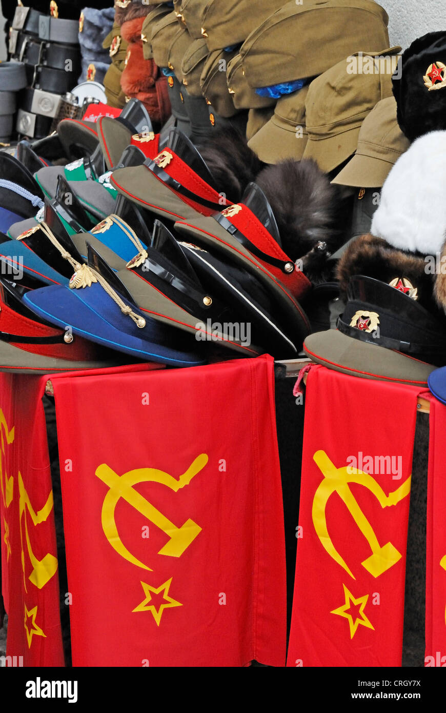 Berlin, Germany. Souvenir stall near Checkpoint Charlie selling Communist-themed souvenirs Stock Photo