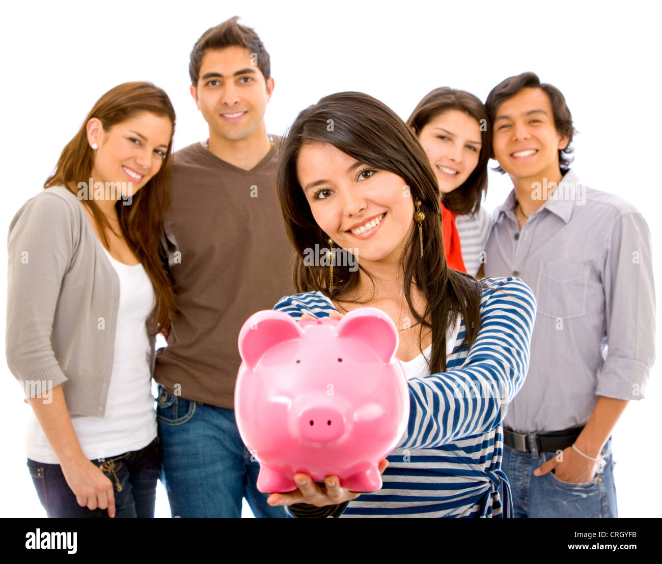 woman holding a piggy bank towards the camera Stock Photo - Alamy