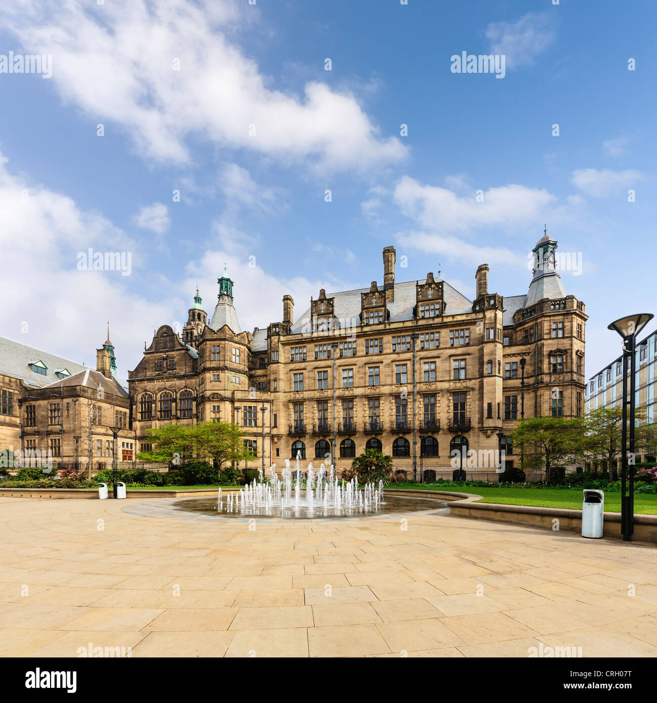 Sheffield Town Hall with multi jet fountain and the Peace Gardens, South Yorkshire, England. Stock Photo
