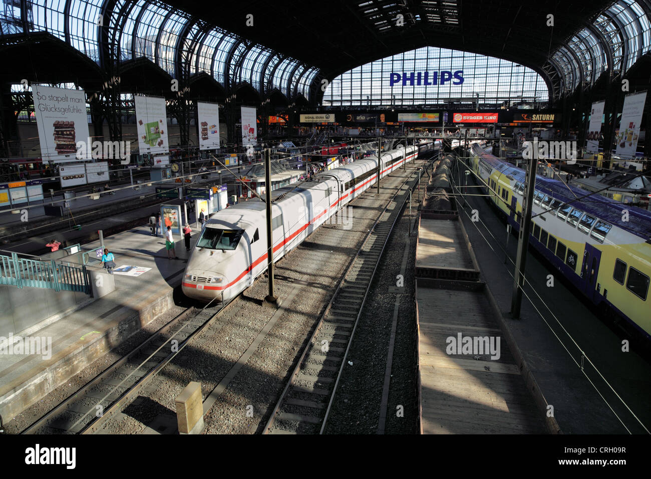 An Inter City Express (ICE) train arriving at Hamburg's main railway station, Germany. Stock Photo