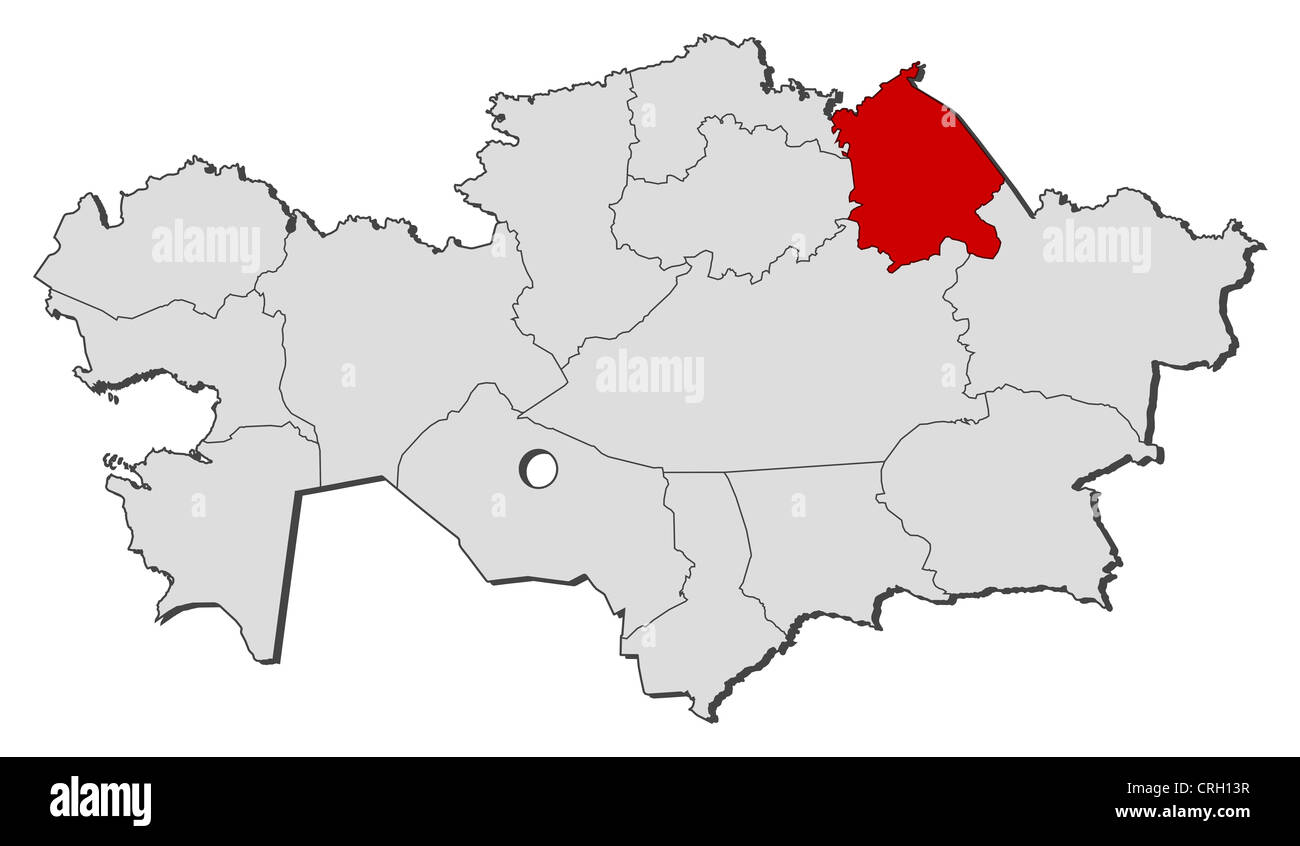 Political map of Kazakhstan with the several regions where Pavlodar is highlighted. Stock Photo