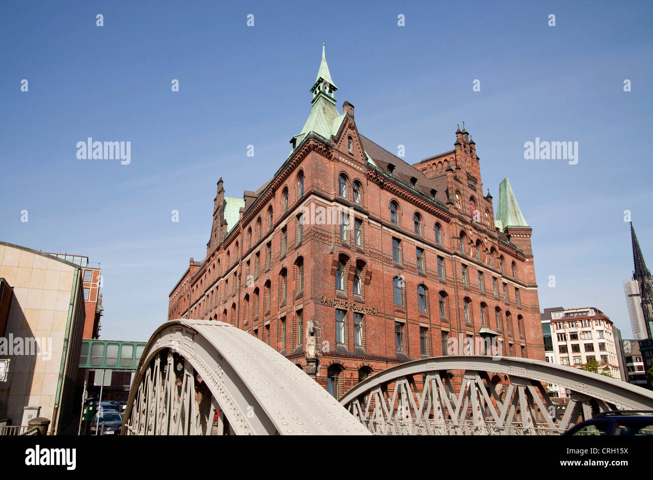 bridge and the Sandthorquaihof in the Speicherstadt district, Free and Hanseatic City of Hamburg, Germany, Europe Stock Photo
