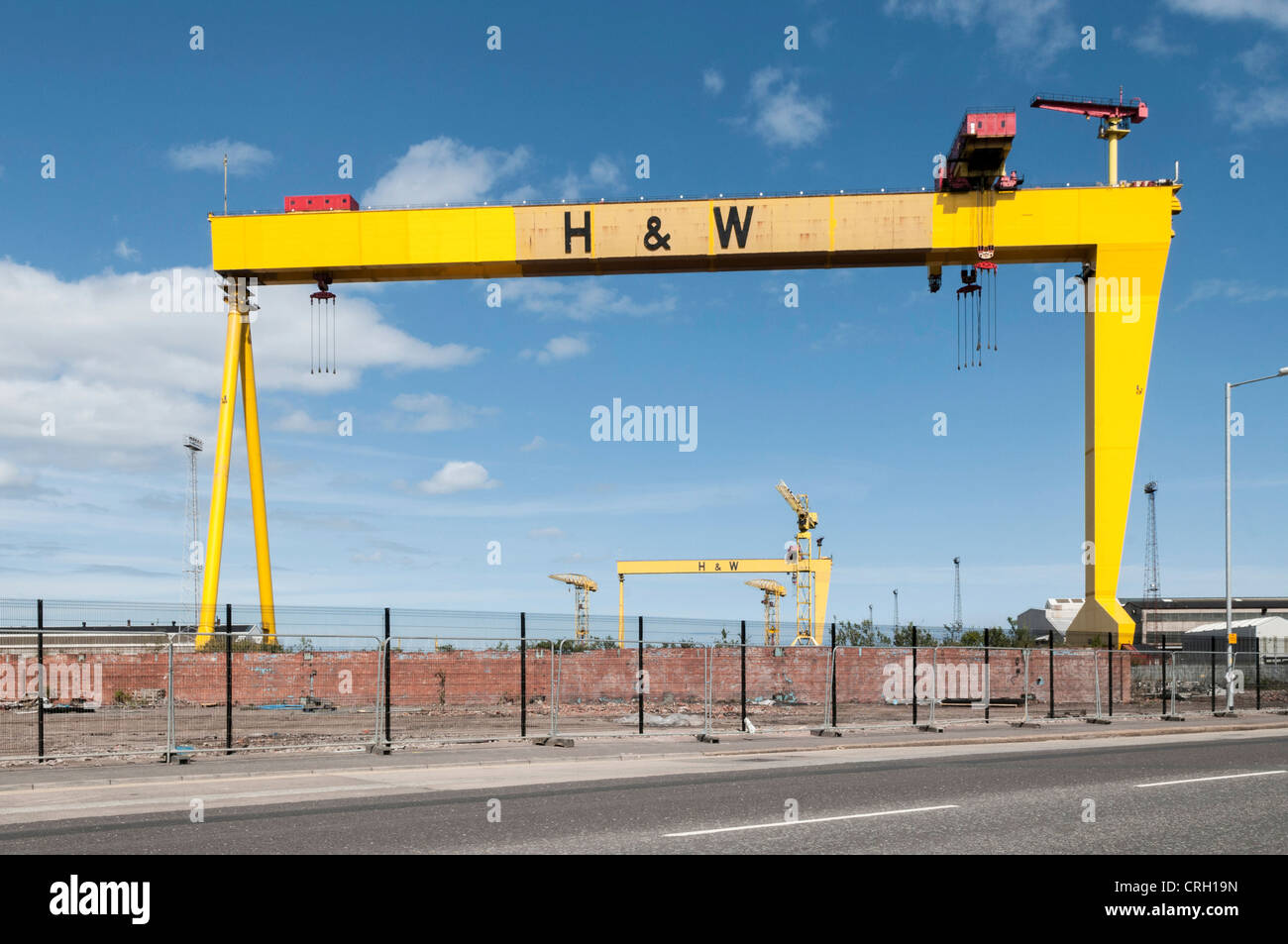 Harland and Wolff shipyard - Iconic cranes, Samson - the nearer - and Goliath, Belfast, Northern Ireland Stock Photo