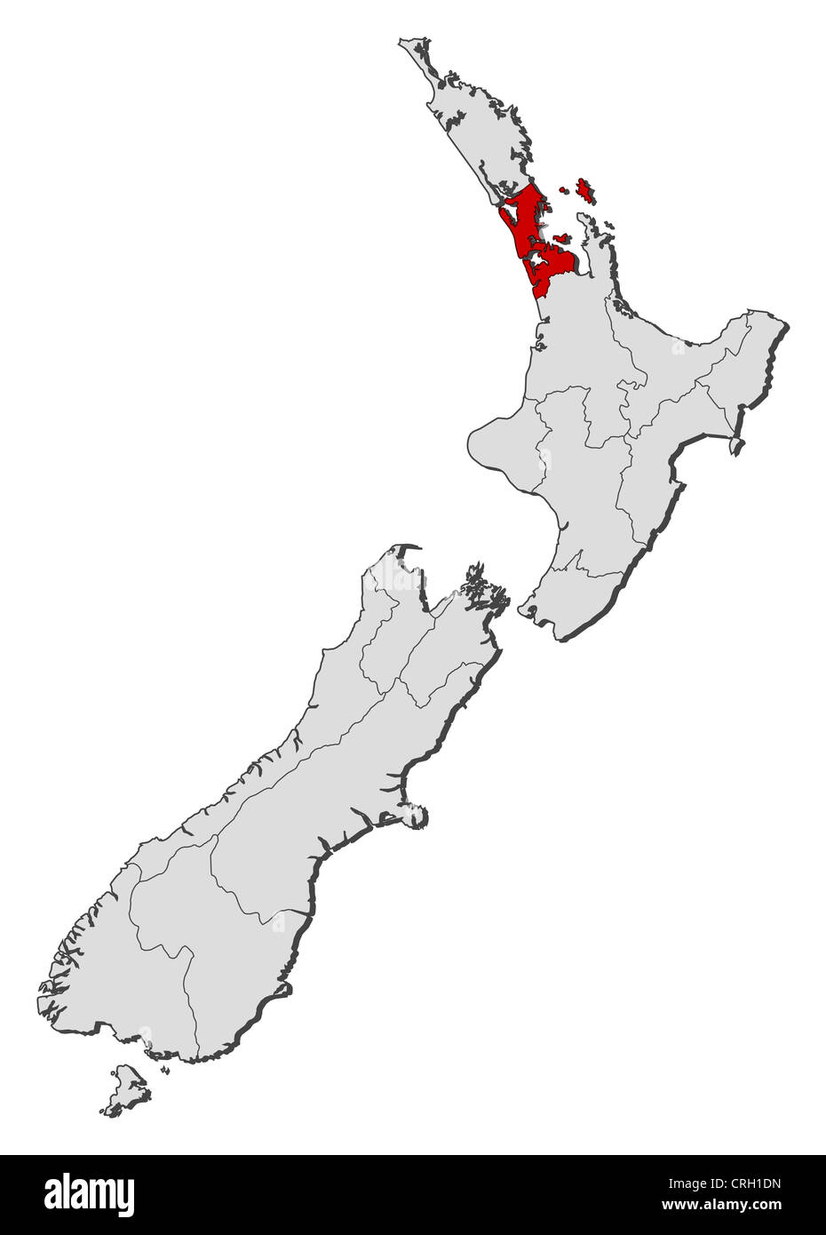 Political map of New Zealand with the several regions where Auckland is highlighted Stock Photo