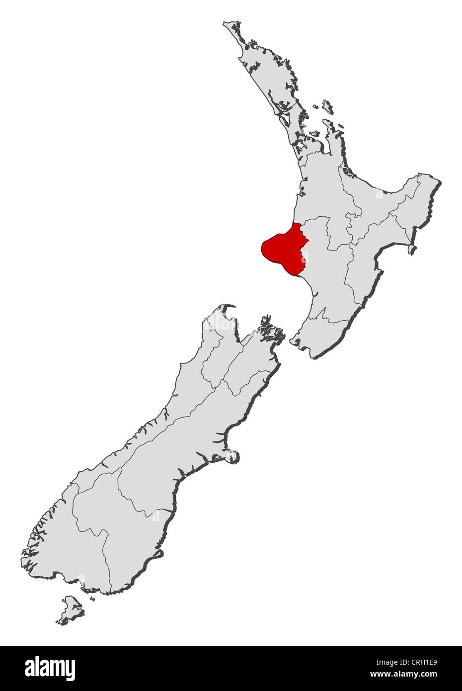 Political map of New Zealand with the several regions where Manawatu-Wanganui is highlighted. Stock Photo