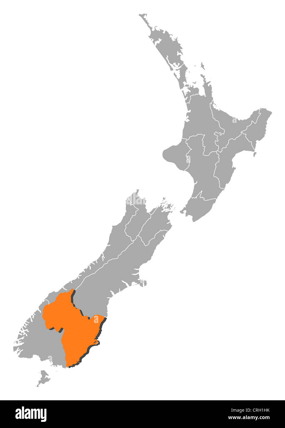Political map of New Zealand with the several regions where Otago is highlighted. Stock Photo