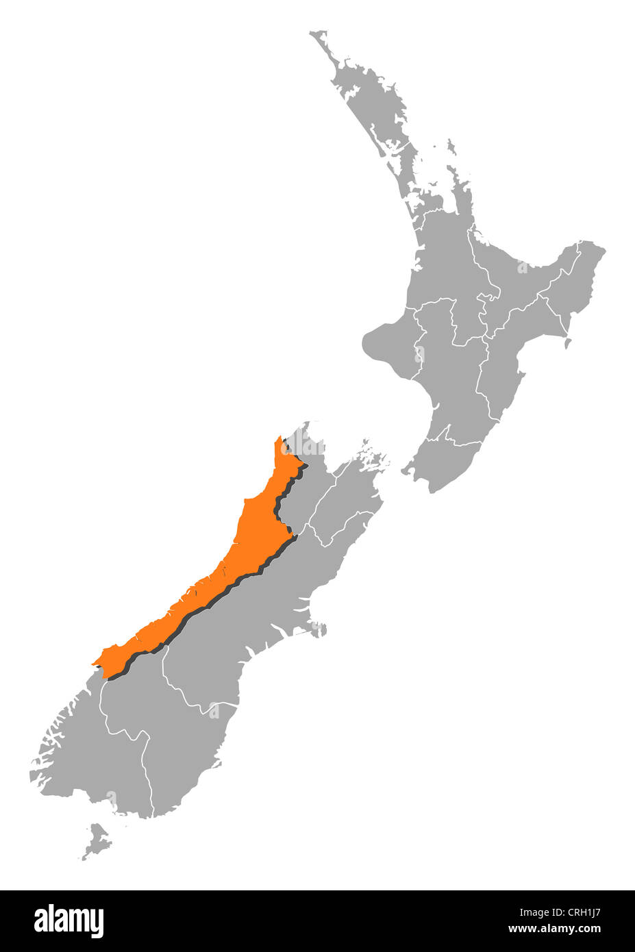 Political map of New Zealand with the several regions where West Coast