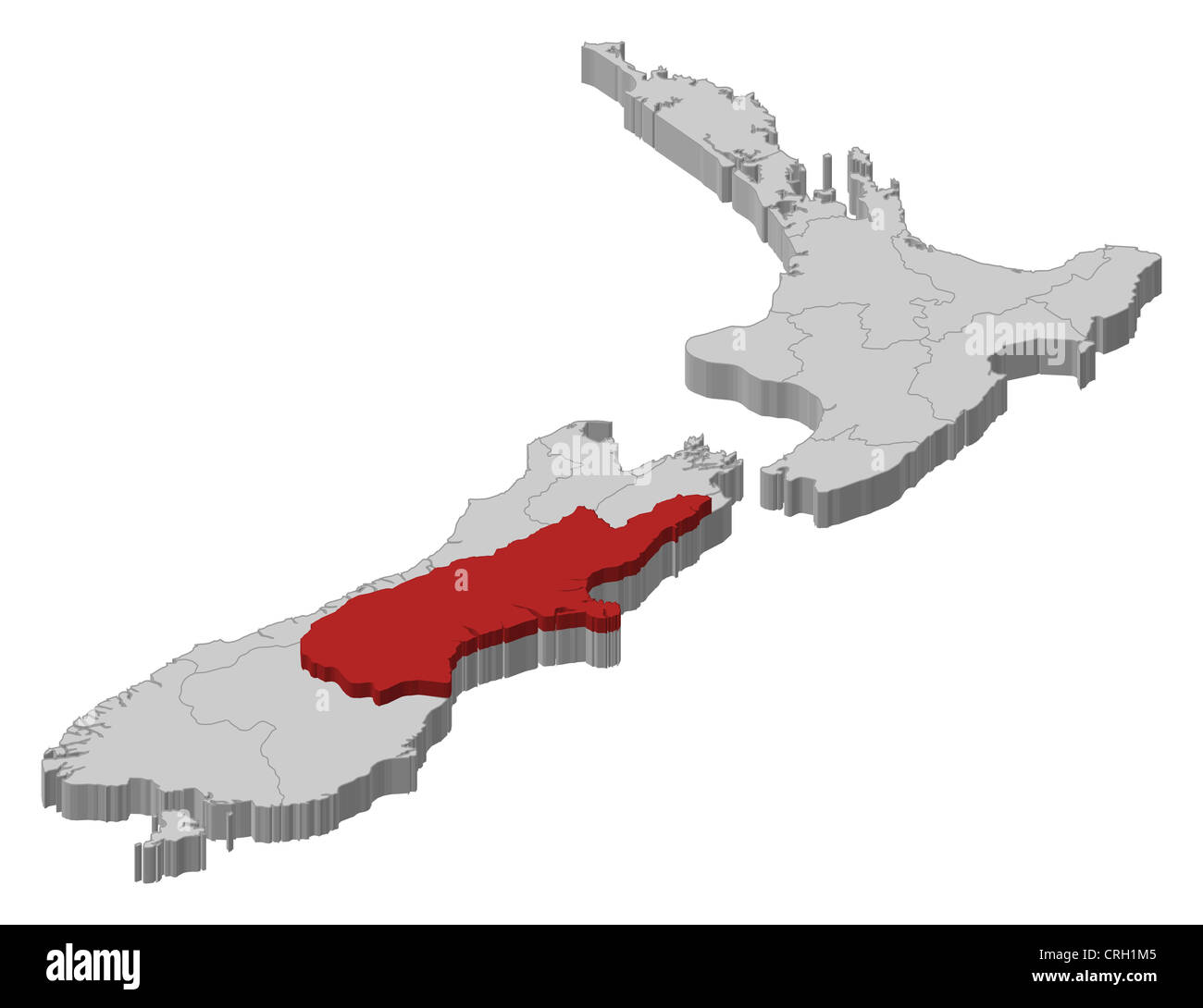 Political map of New Zealand with the several regions where Canterbury is highlighted. Stock Photo