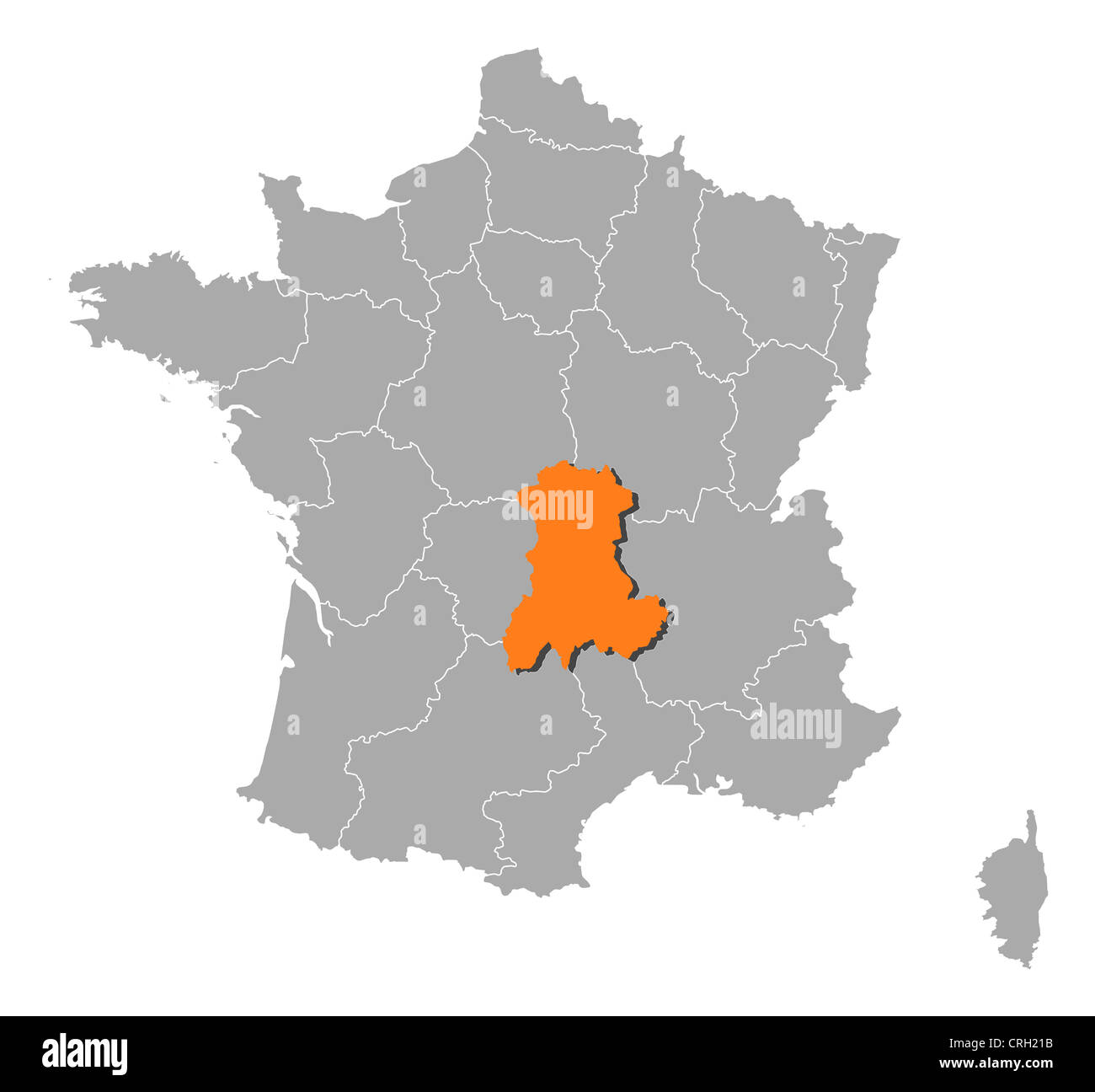 Political map of France with the several regions where Auvergne is highlighted. Stock Photo