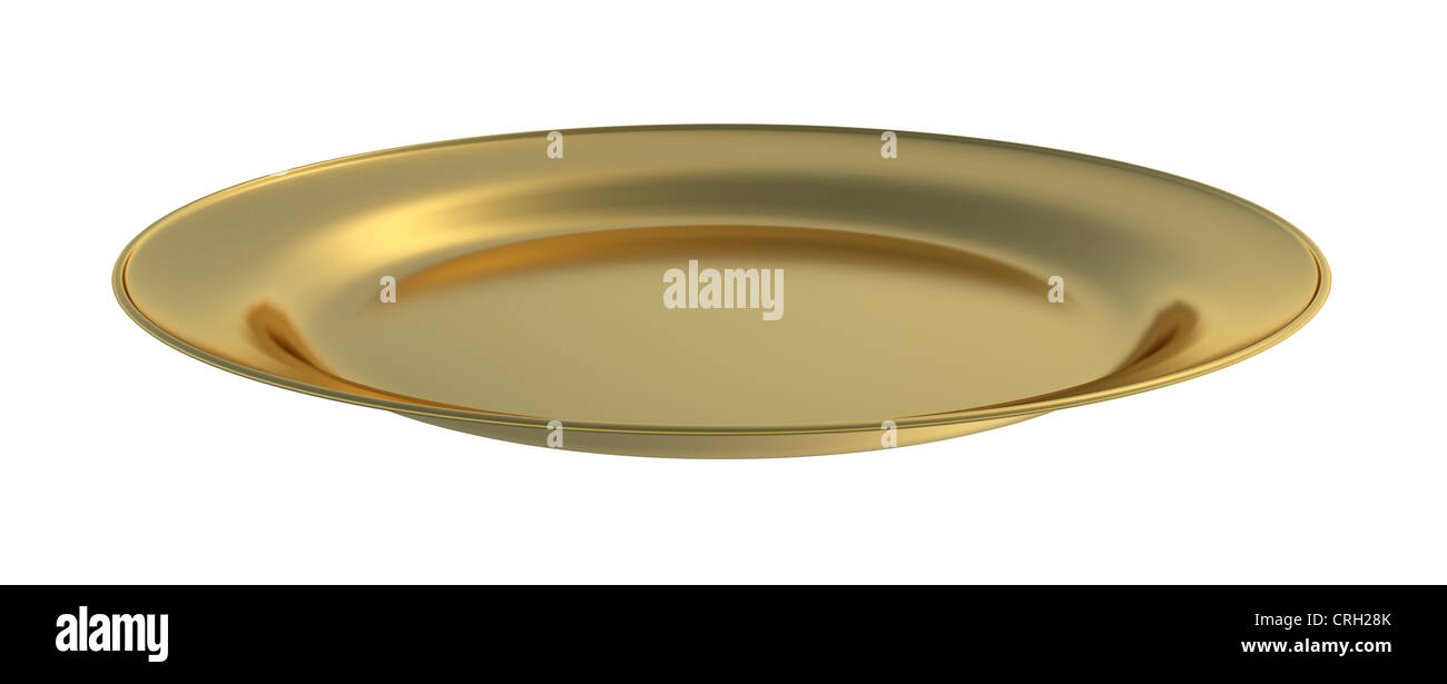 Empty dinner plate of gold front view isolated on white background Stock Photo
