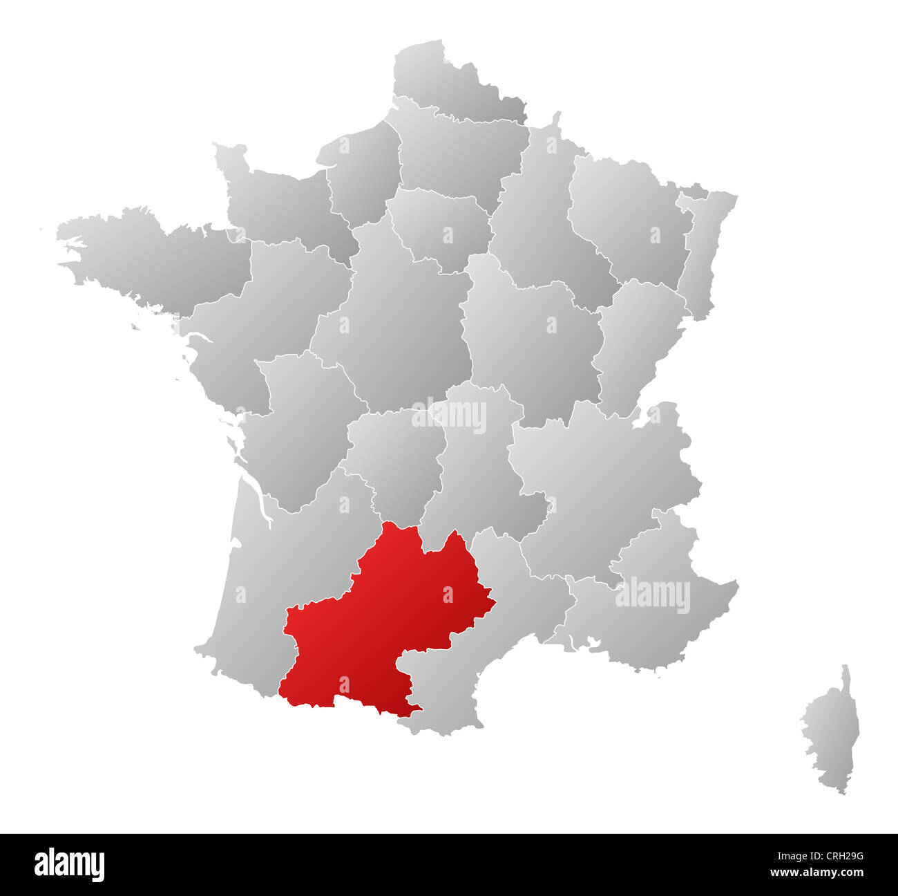 Political map of France with the several regions where Midi-Pyrénées is highlighted. Stock Photo