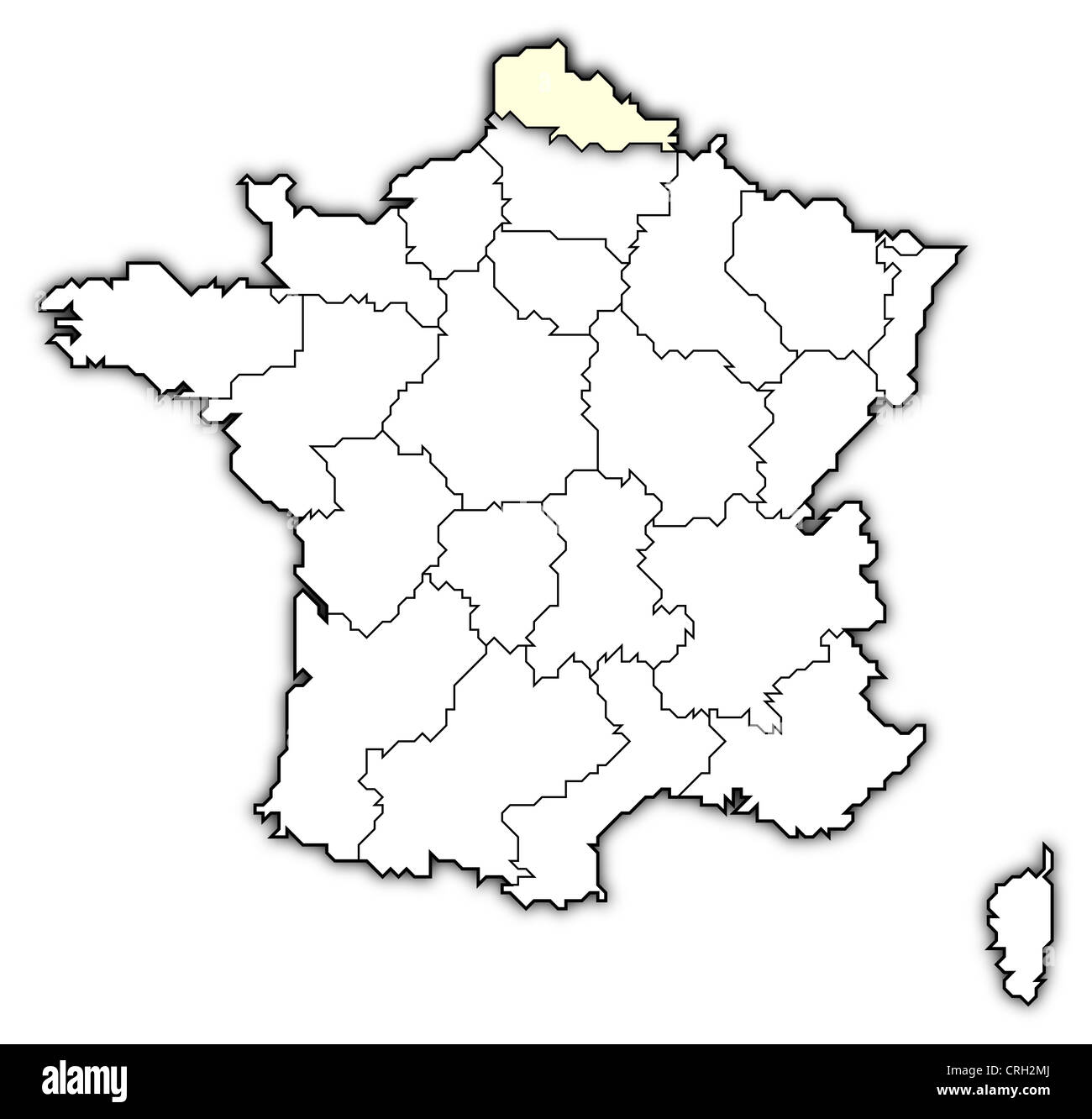 Political map of France with the several regions where Nord-Pas-de-Calais is highlighted. Stock Photo