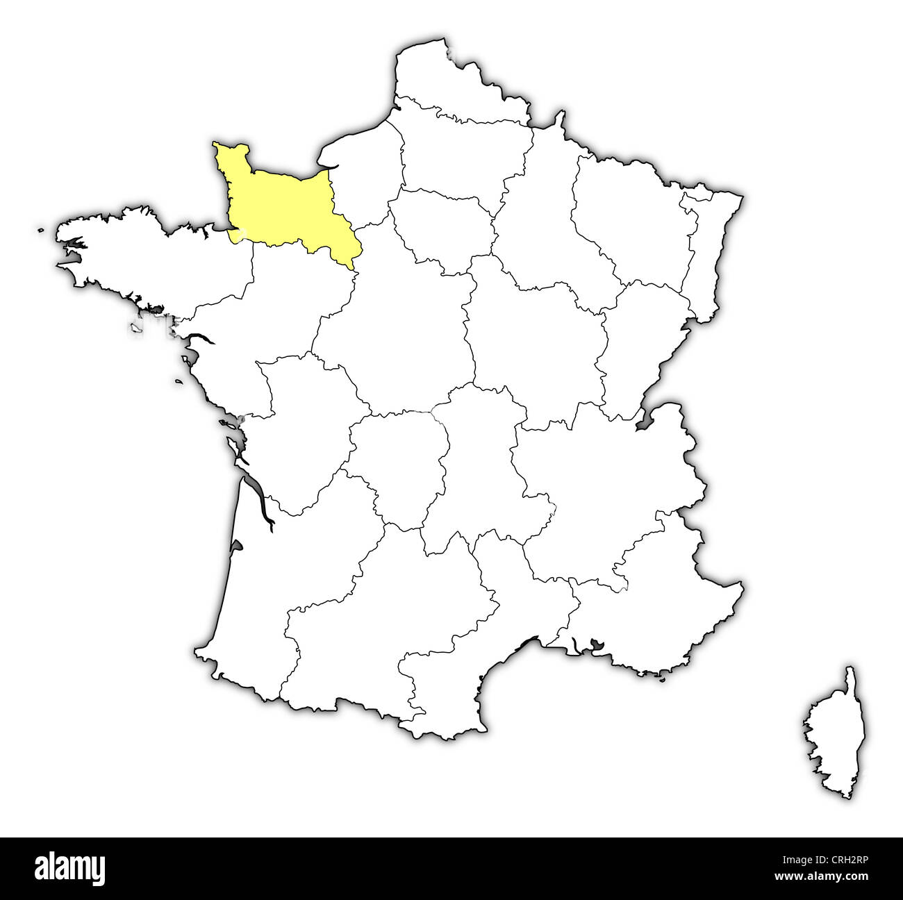 Political map of France with the several regions where Lower Normandy is highlighted. Stock Photo