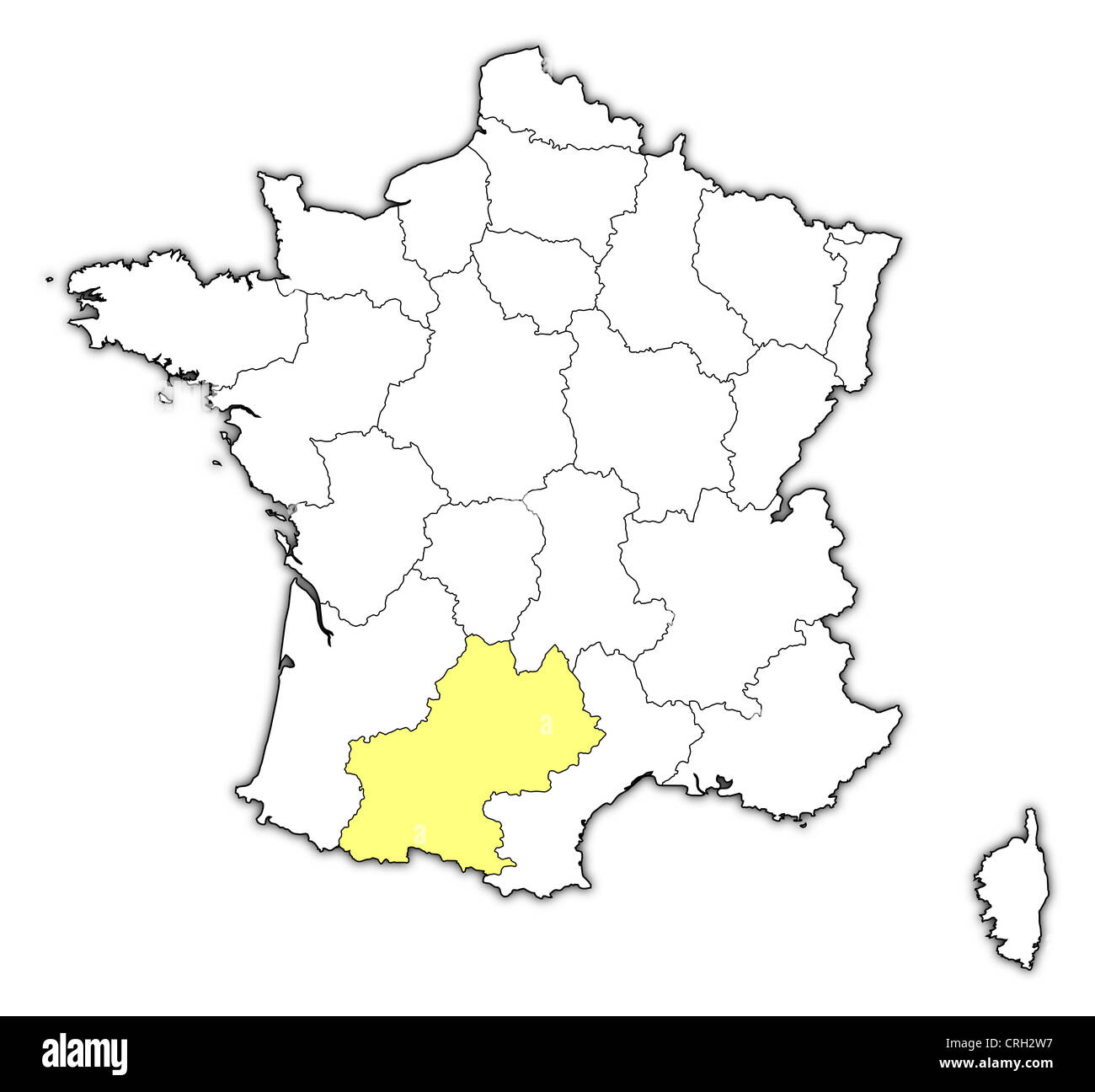 Political map of France with the several regions where Midi-Pyrénées is highlighted. Stock Photo