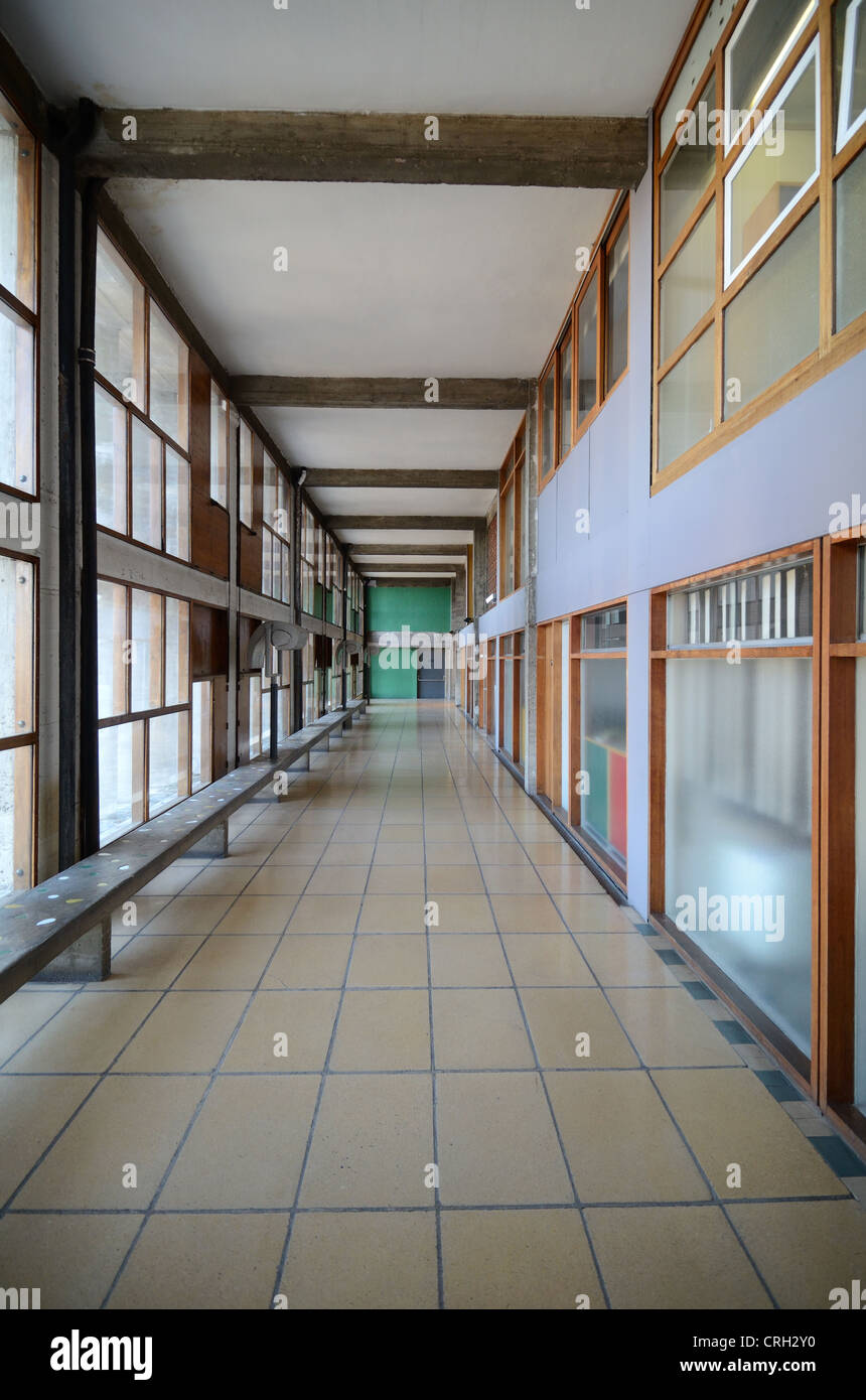 Internal Corridor of the Cité Radieuse or Unité d'Habitation Apartment Building by Le Corbusier Marseille France Stock Photo