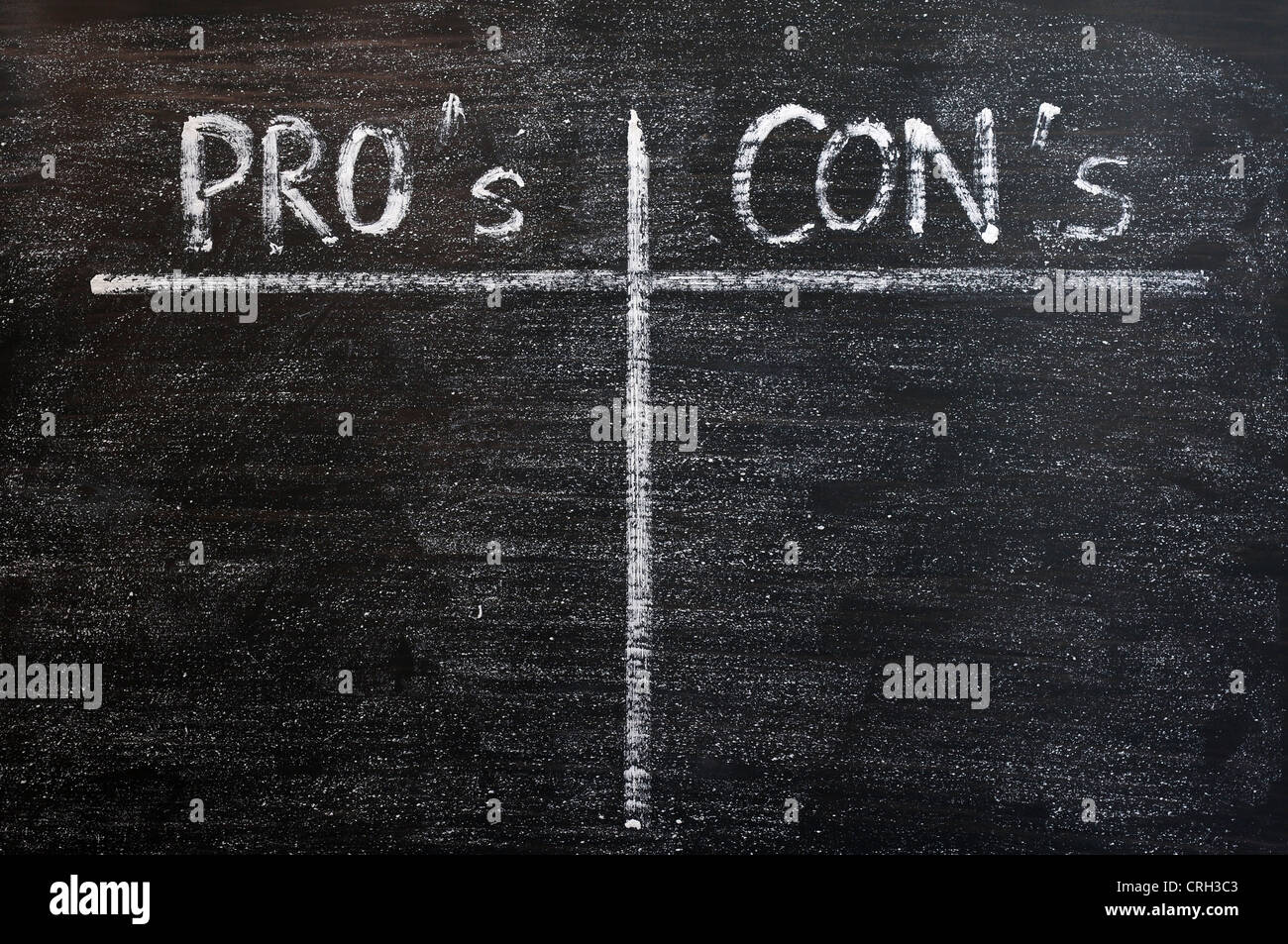 argument chalk drawing comparison cons for and against horizontal inspiration message motivation pros pros and cons solutions Stock Photo
