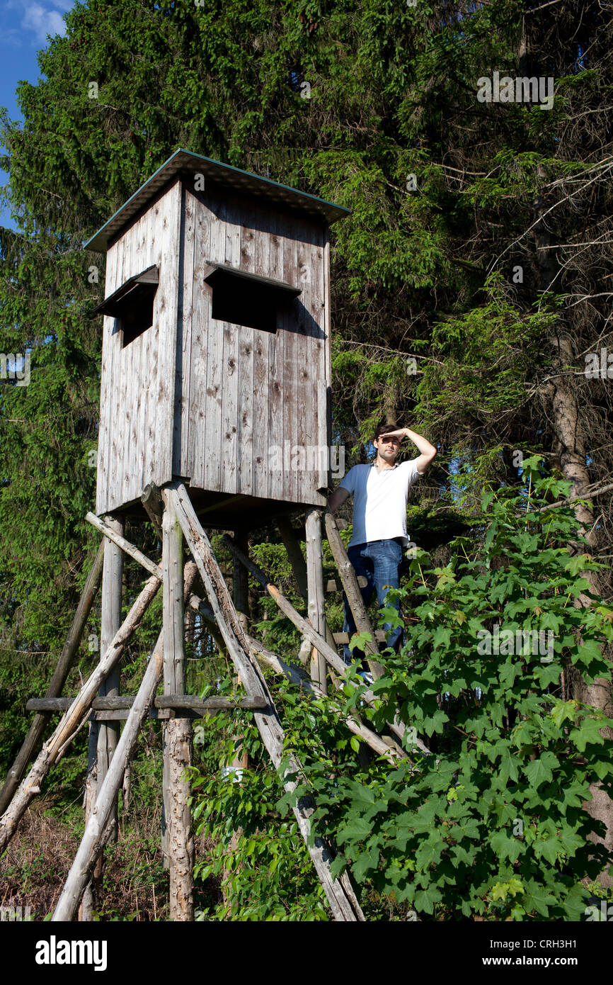 Man on a deer stand in forest Stock Photo Alamy