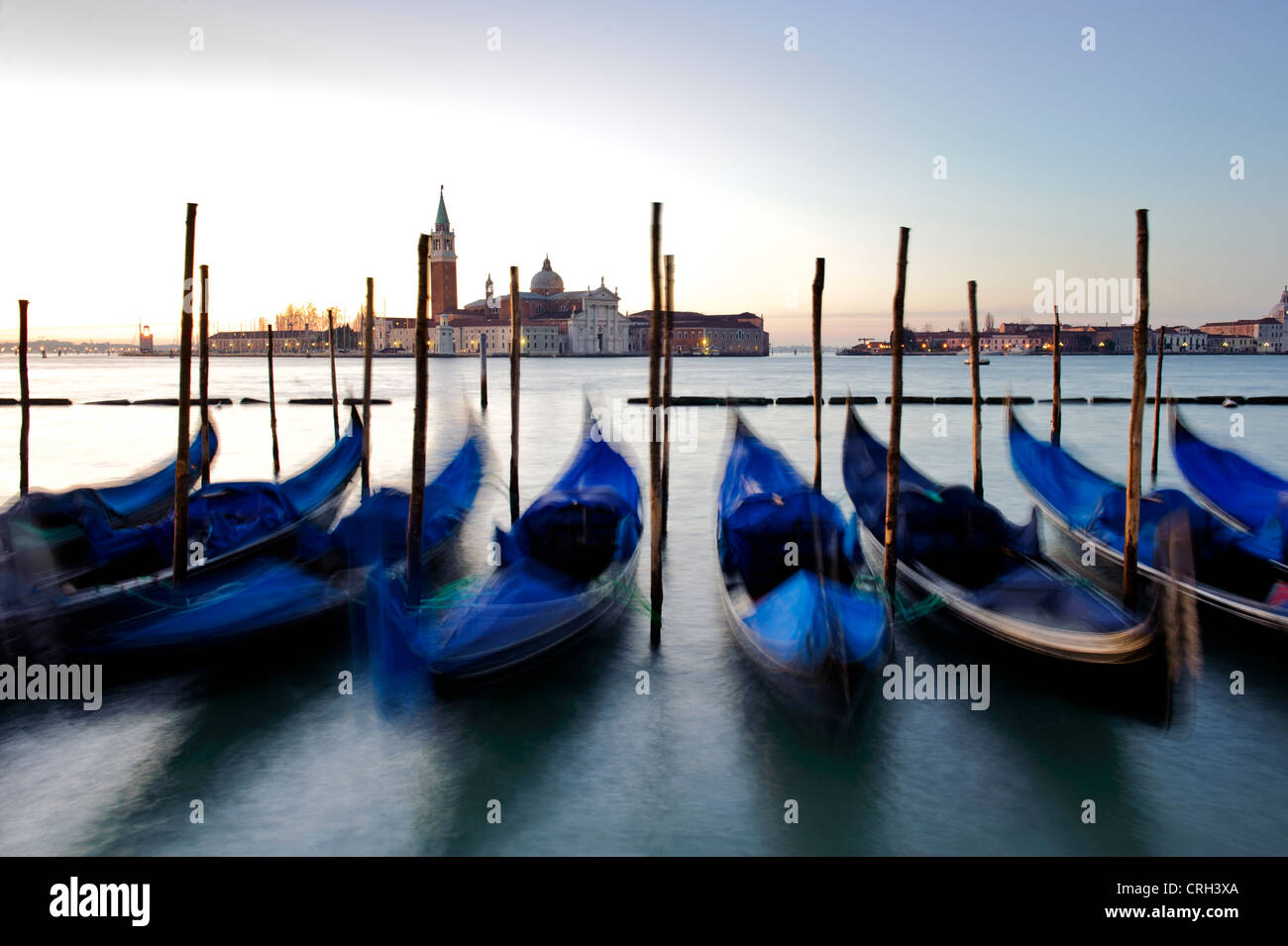 Gondolas moored in front of the Basilica of San Giorgio Maggiore, Venice, Veneto, Italy Stock Photo