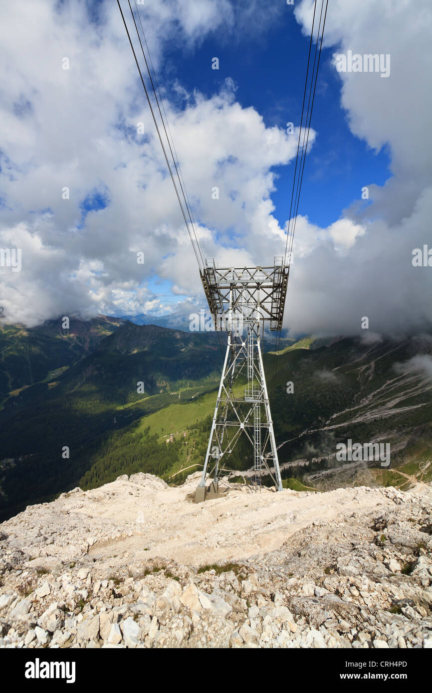 aerial view of Primiero valley with cableway pylon on foreground, Trentino, Italy Stock Photo