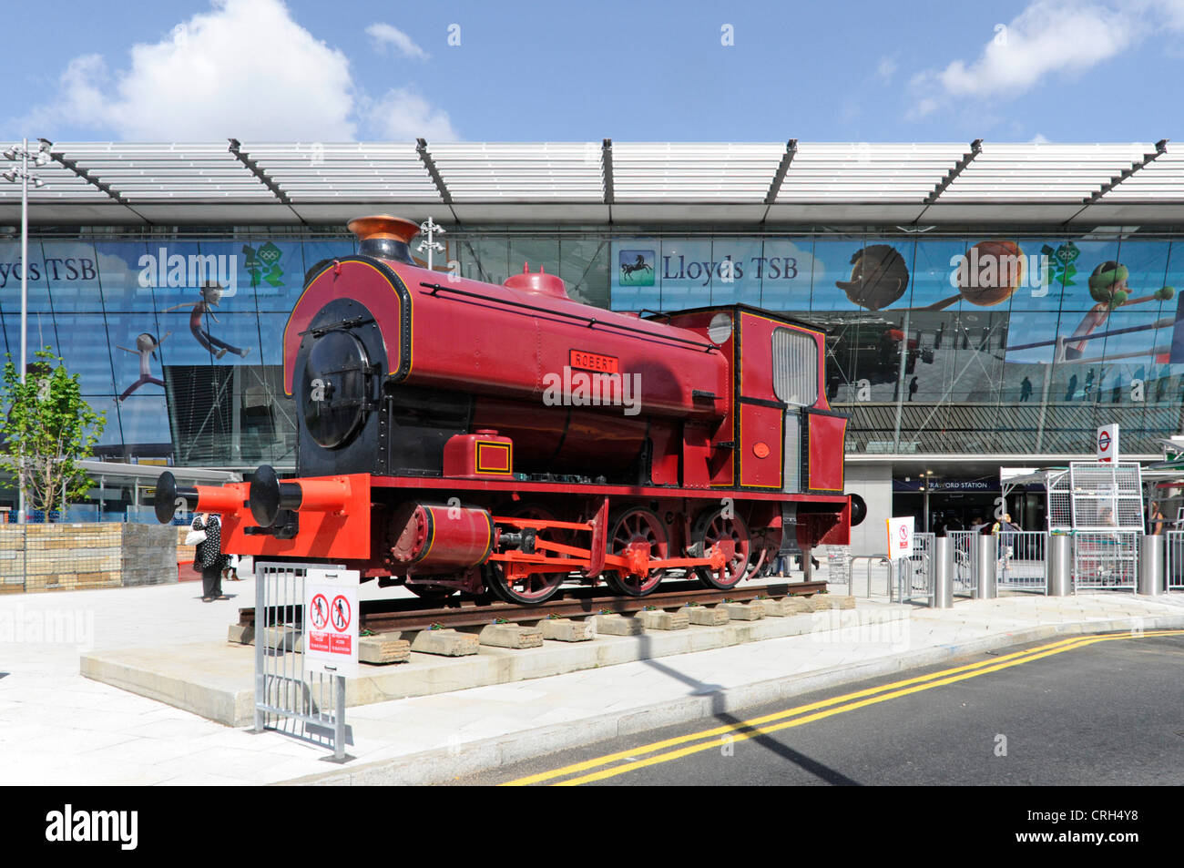 Stratford railway station concourse with relocated Robert steam engine