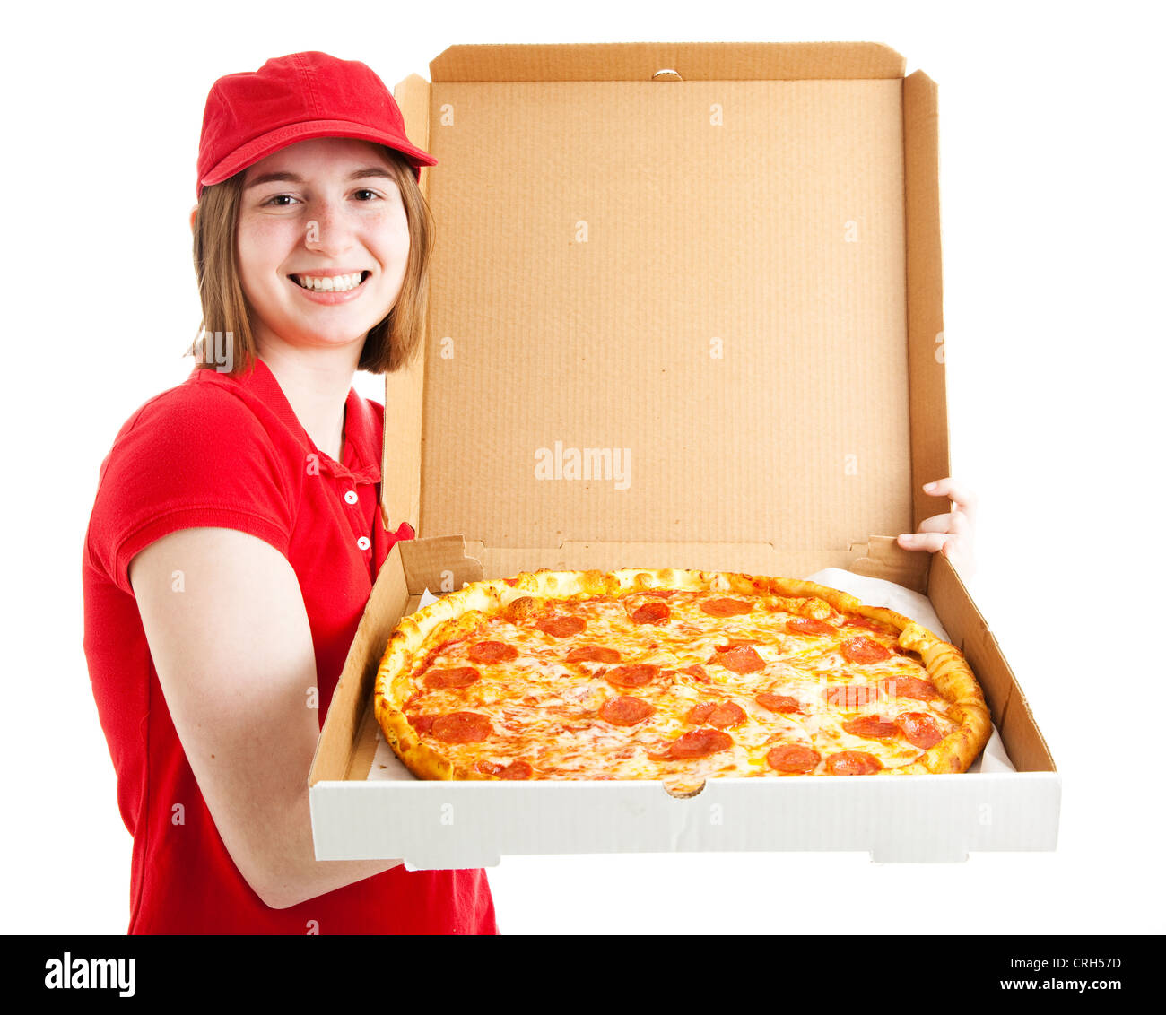 Teenage girl has her first job, delivering pizza. Isolated on white