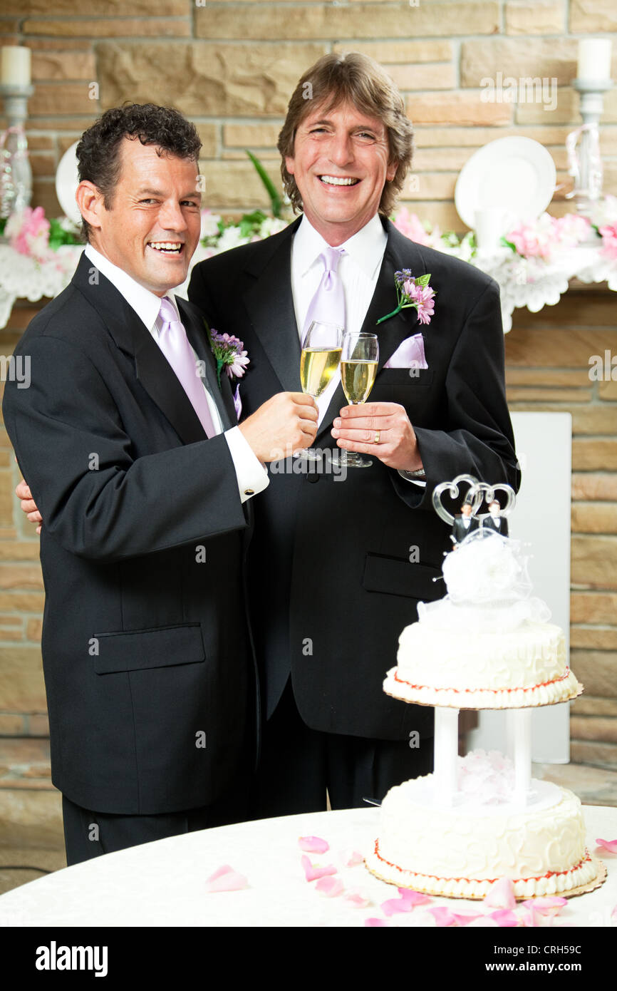 Gay couple giving champagne toast at their wedding reception.  Stock Photo