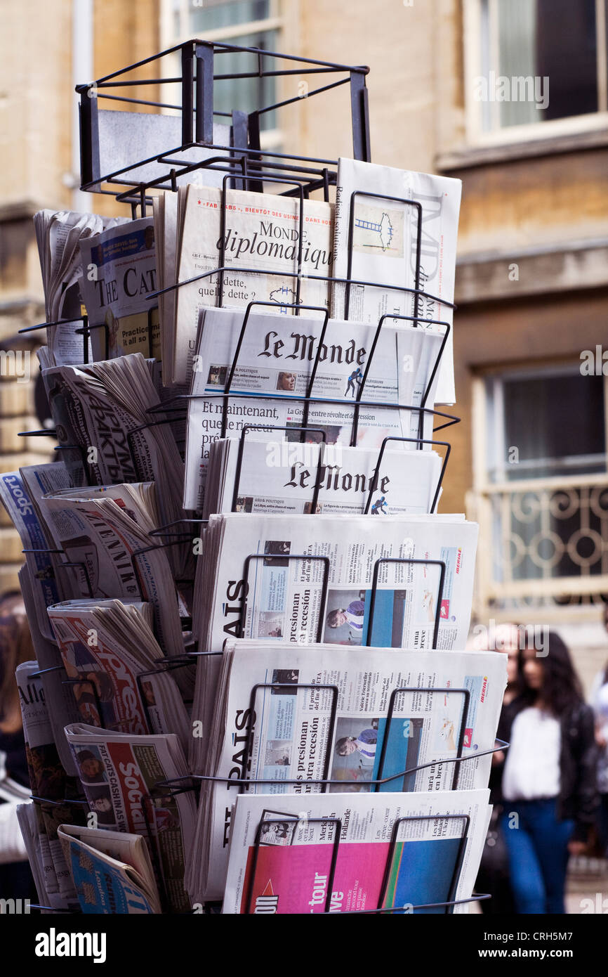 A newspaper stand in Oxford city centre selling international newspapers. Stock Photo