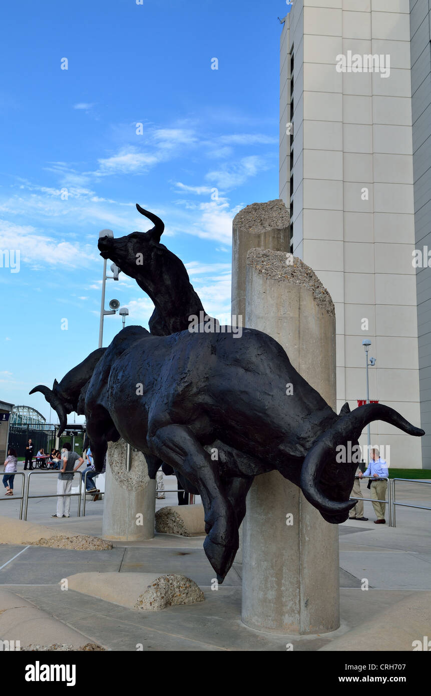 Bronze sculpture of raging bulls in front of Reliant Stadium. Houston