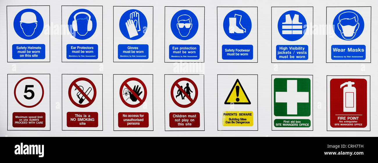 Building site health and safety and warning signs. Panoramic Stock Photo