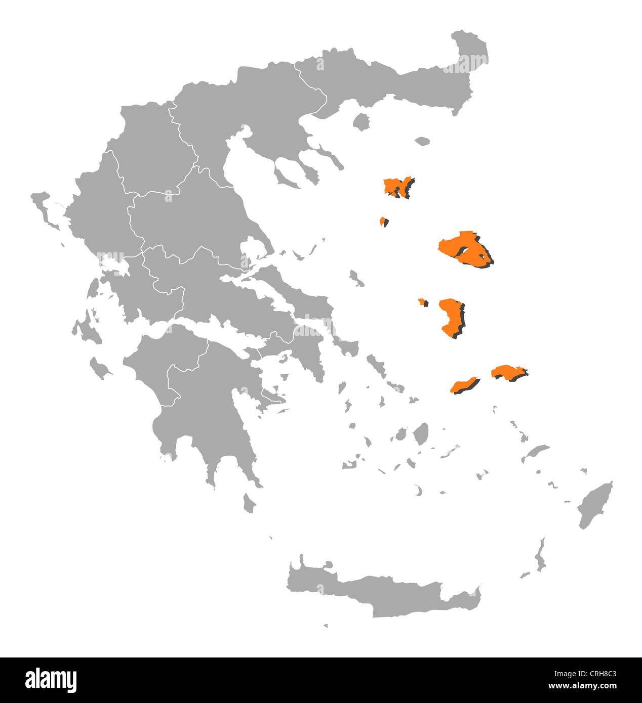 Political map of Greece with the several states where North Aegean is highlighted. Stock Photo