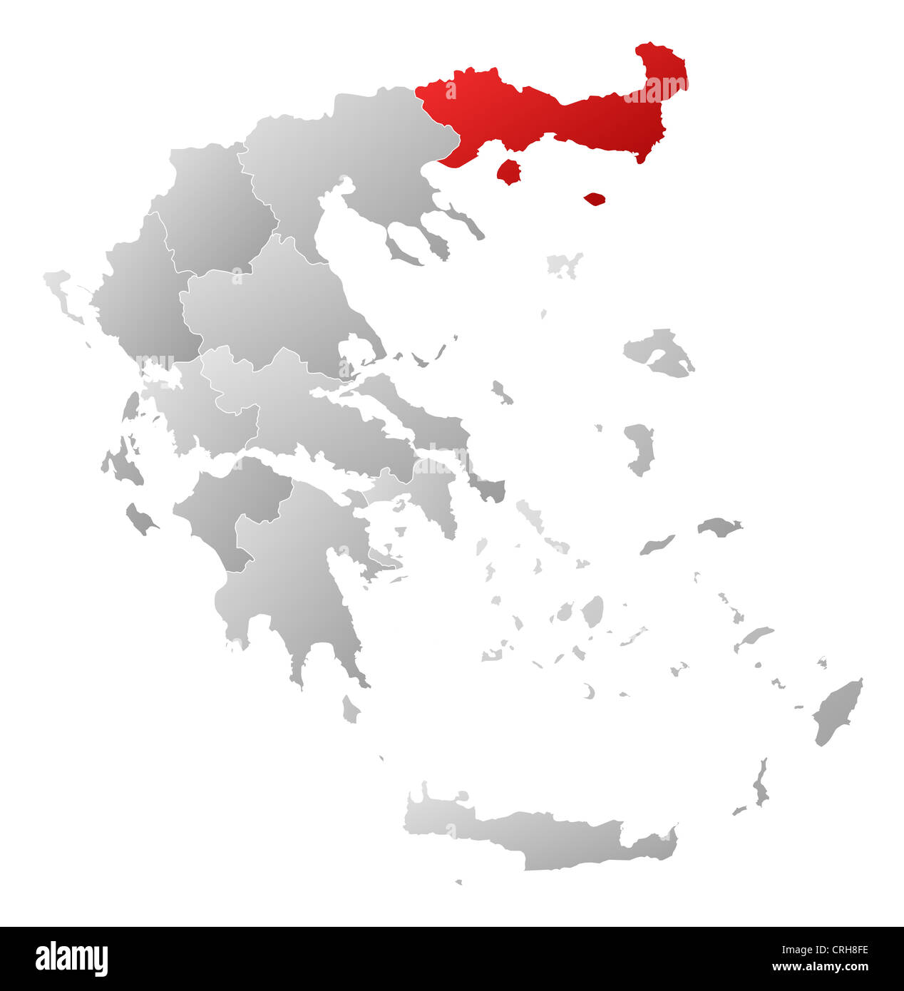 Political map of Greece with the several states where East Macedonia