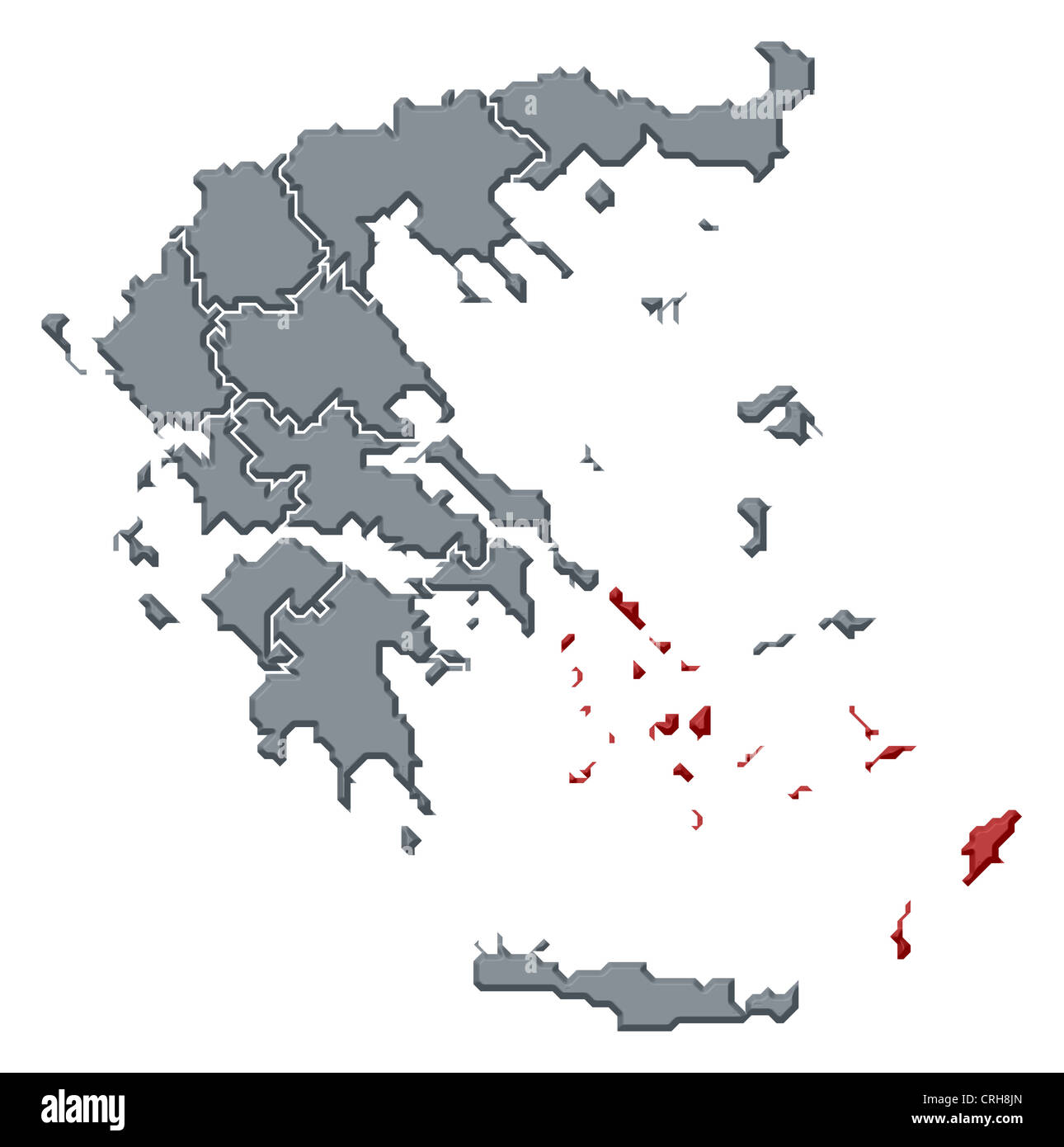 Political map of Greece with the several states where South Aegean is highlighted. Stock Photo