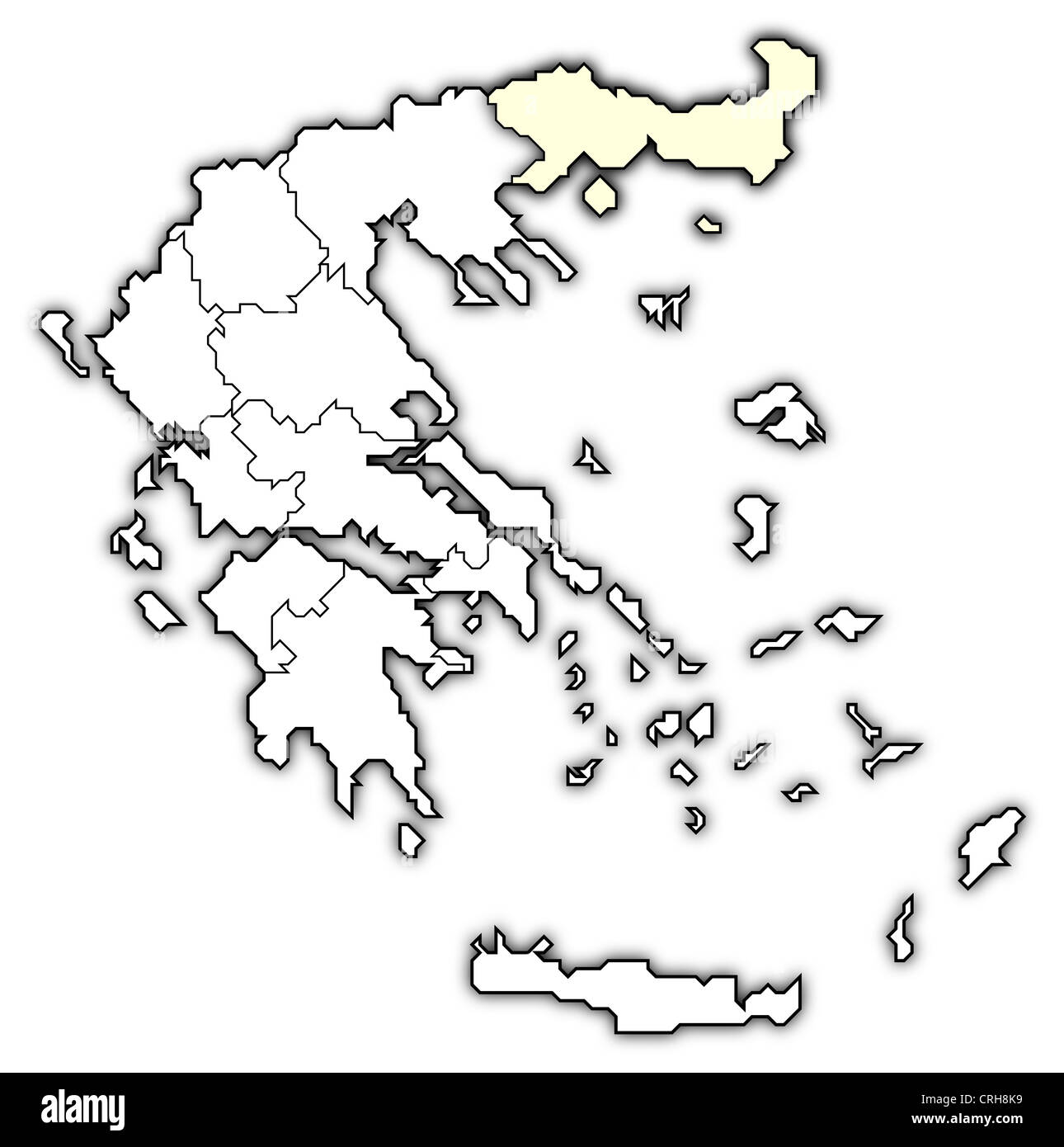 Political map of Greece with the several states where East Macedonia and Thrace is highlighted. Stock Photo