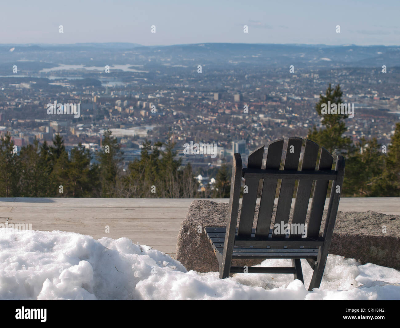 Cool seat with a sunny view over Oslo Norway,  Grefsenkollen is a popular destination on weekends Stock Photo