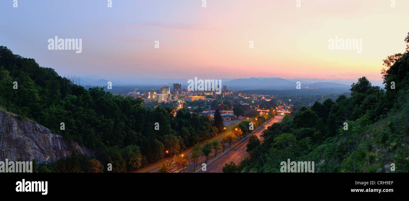 Asheville, North Carolina skyline nestled in the Blue Ridge Mountains. Stock Photo