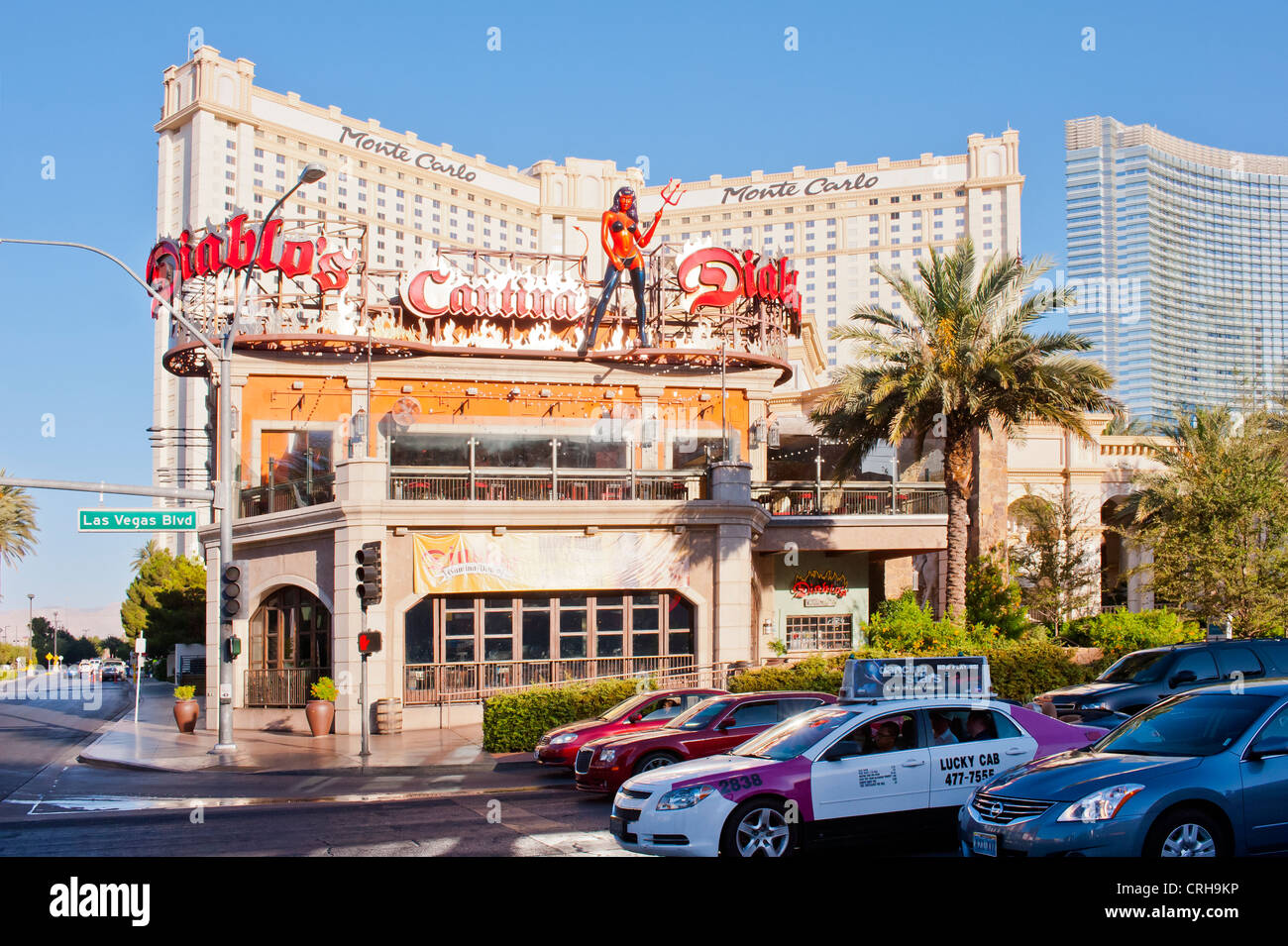 Cars in front of Diablo's Cantina at the Monte Carlo with the main Hotel in  the background, Las Vegas, Nevada Stock Photo - Alamy