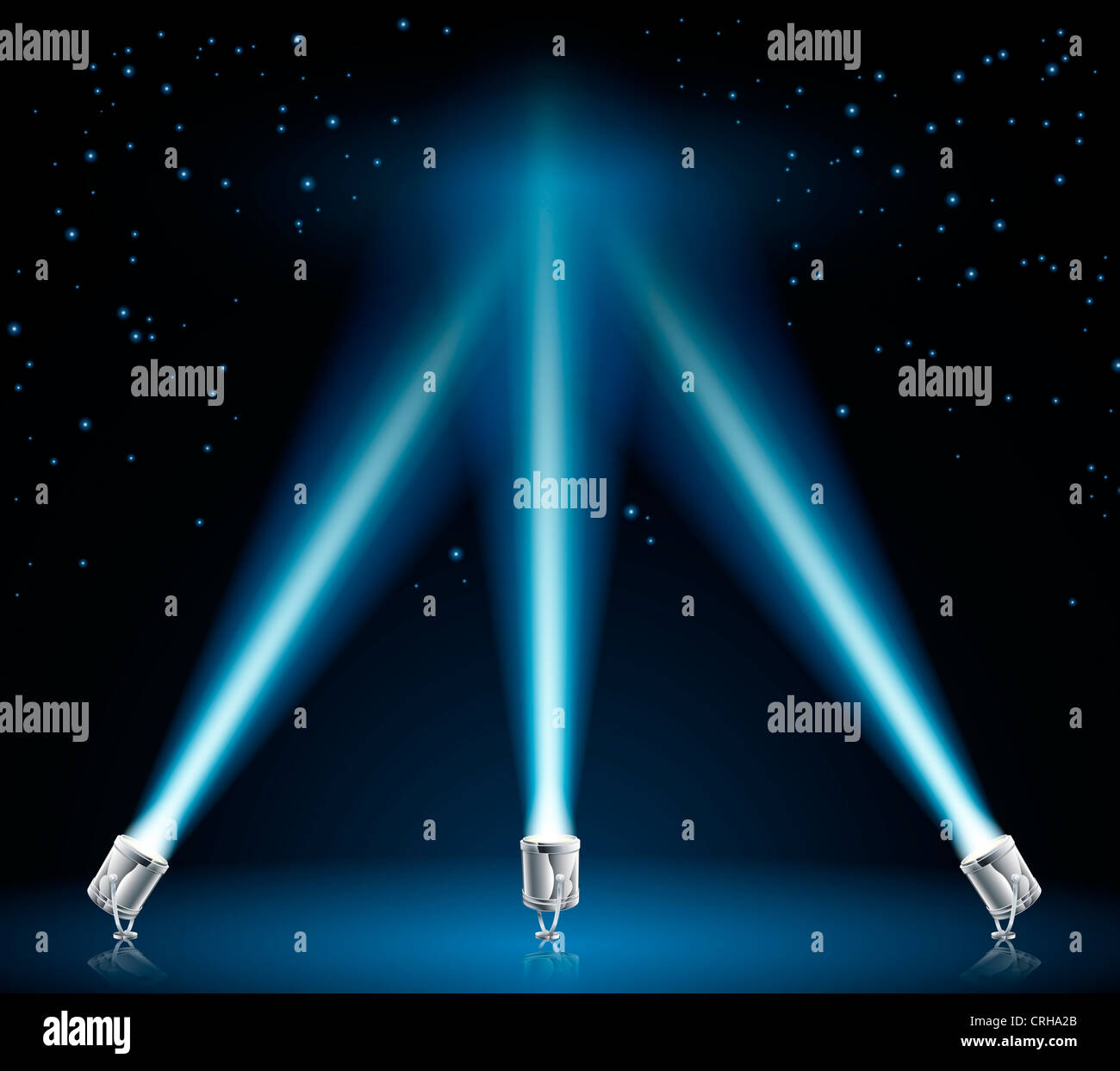 Illustration of searchlights or spotlights pointing into the night sky Stock Photo