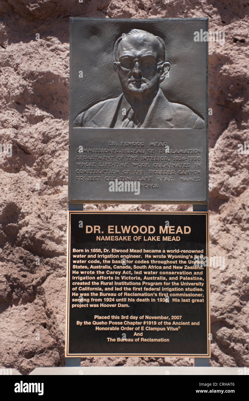 BOULDER CITY, NEVADA, USA - JUNE 15, 2012:  Memorial Plaques to Elwood mead at the Hoover Dam, Nevada Arizona. Stock Photo
