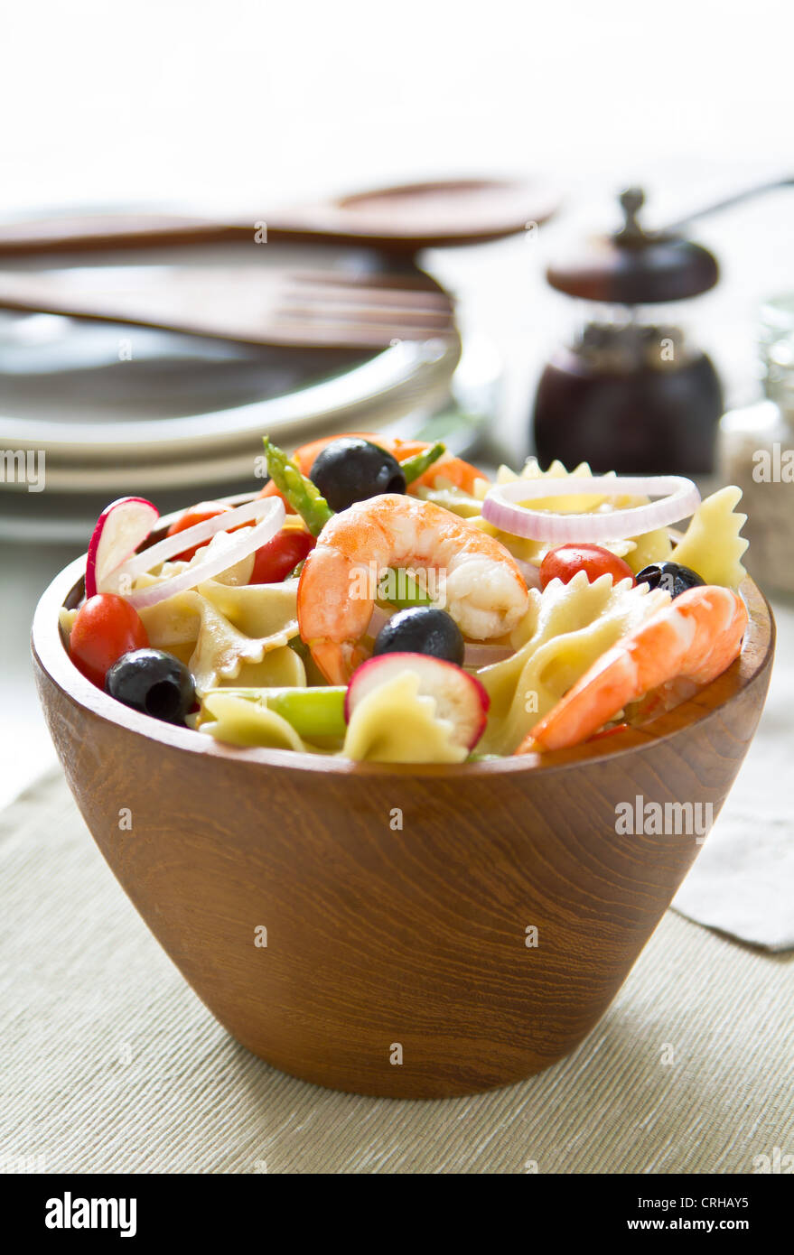 Pasta with prawn and asparagus salad Stock Photo