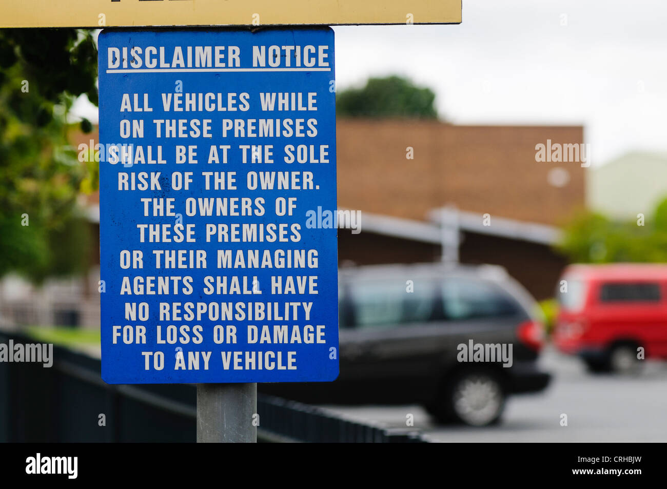 Disclaimer notice at a car park Stock Photo