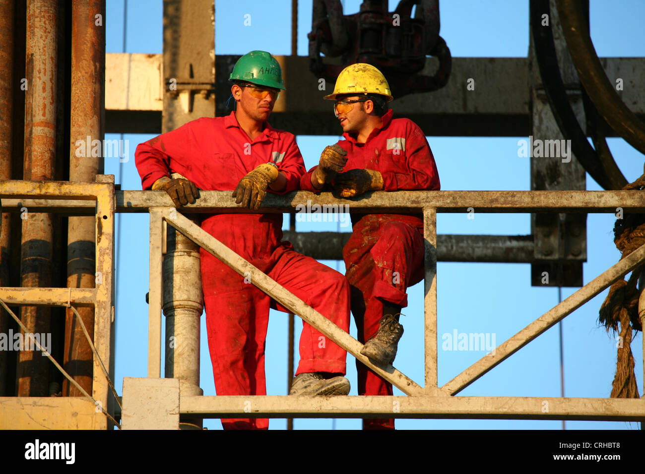 Oil workers on rig floor. This rig was drilling in the Sirt Basin Libya Stock Photo