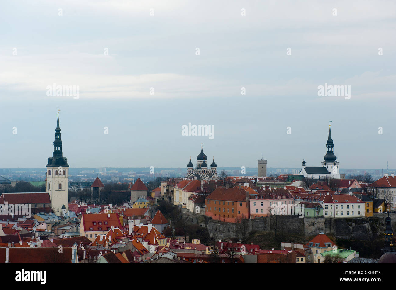 A view of St. Olafs Church, Alexander Nevsky Cathedral and the old town in Tallinn, Estonia, Baltic States Stock Photo
