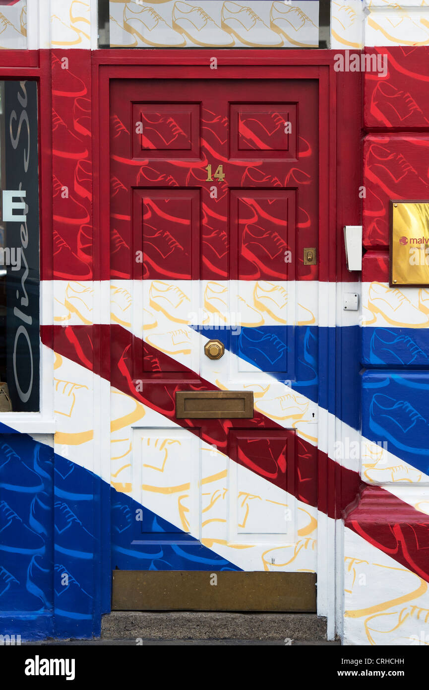 Union Jack shop facade. Oliver Sweeney shoe shop. King Street, Covent Garden, London, England