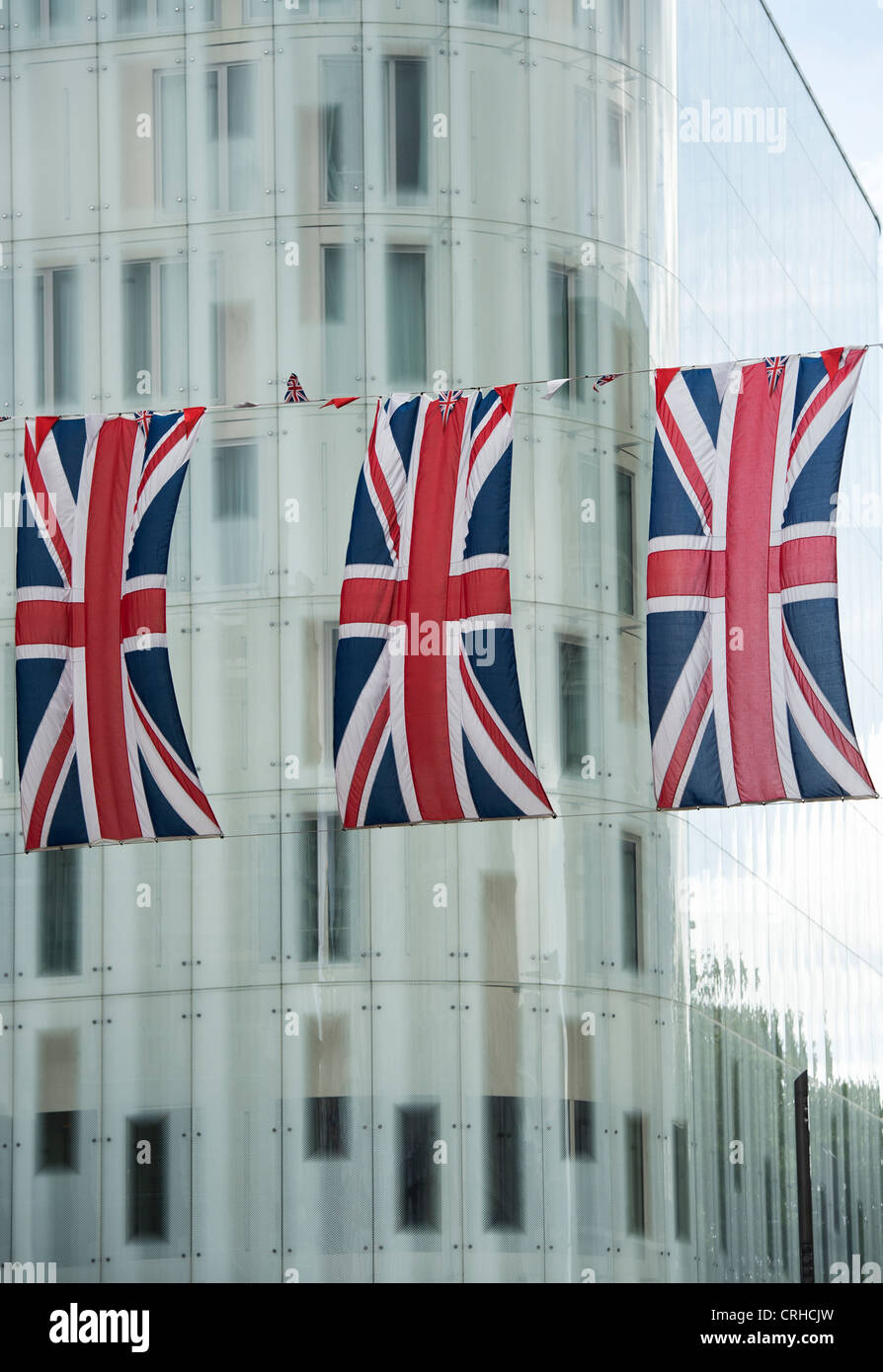 Union Jacks in front of W Hotel, Leicester Square, London, England Stock Photo