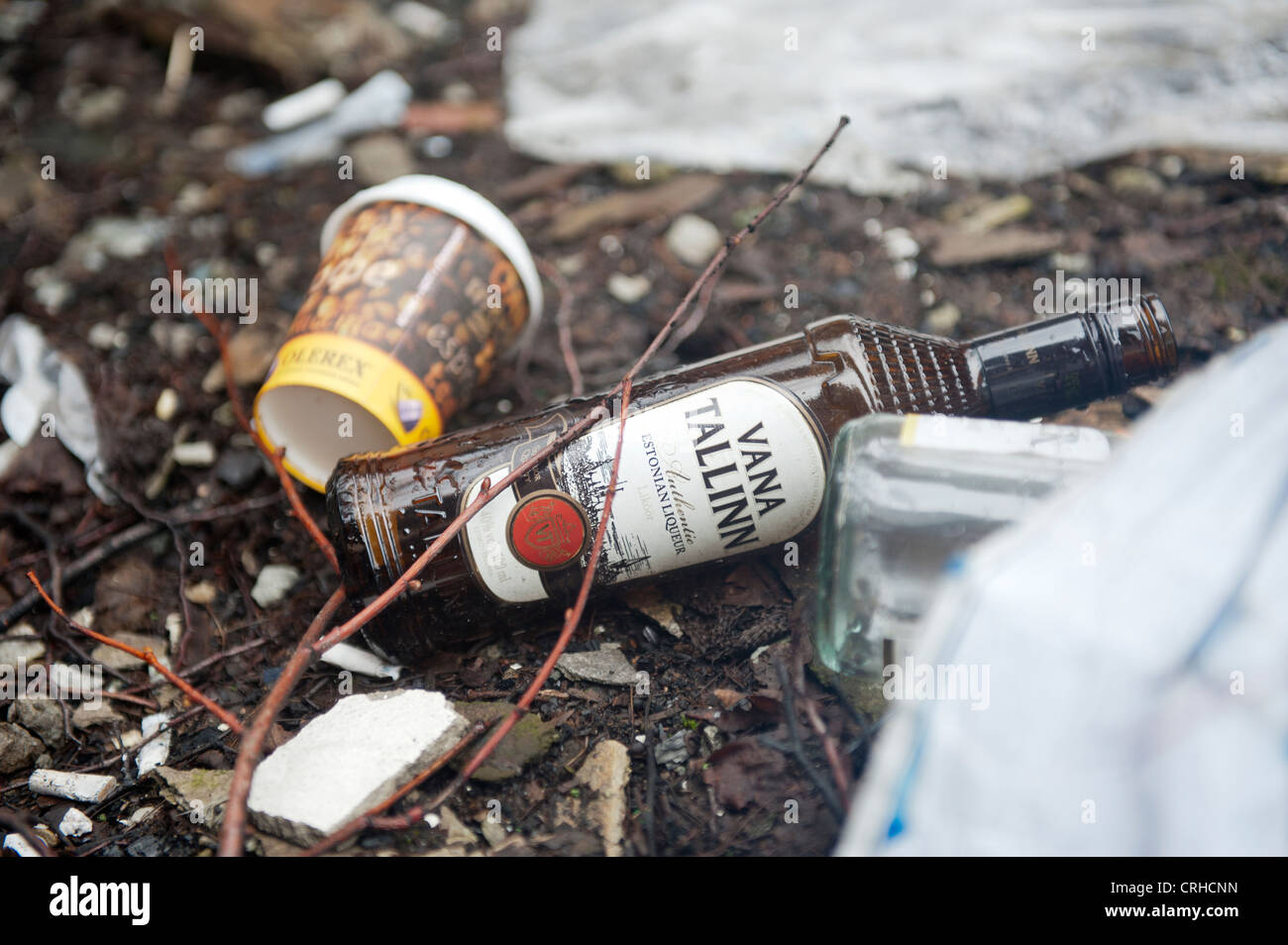 A bottle of Vina Tallinna lies empty on the ground of an abandoned building in Tallinn, Estonia, Baltic States Stock Photo