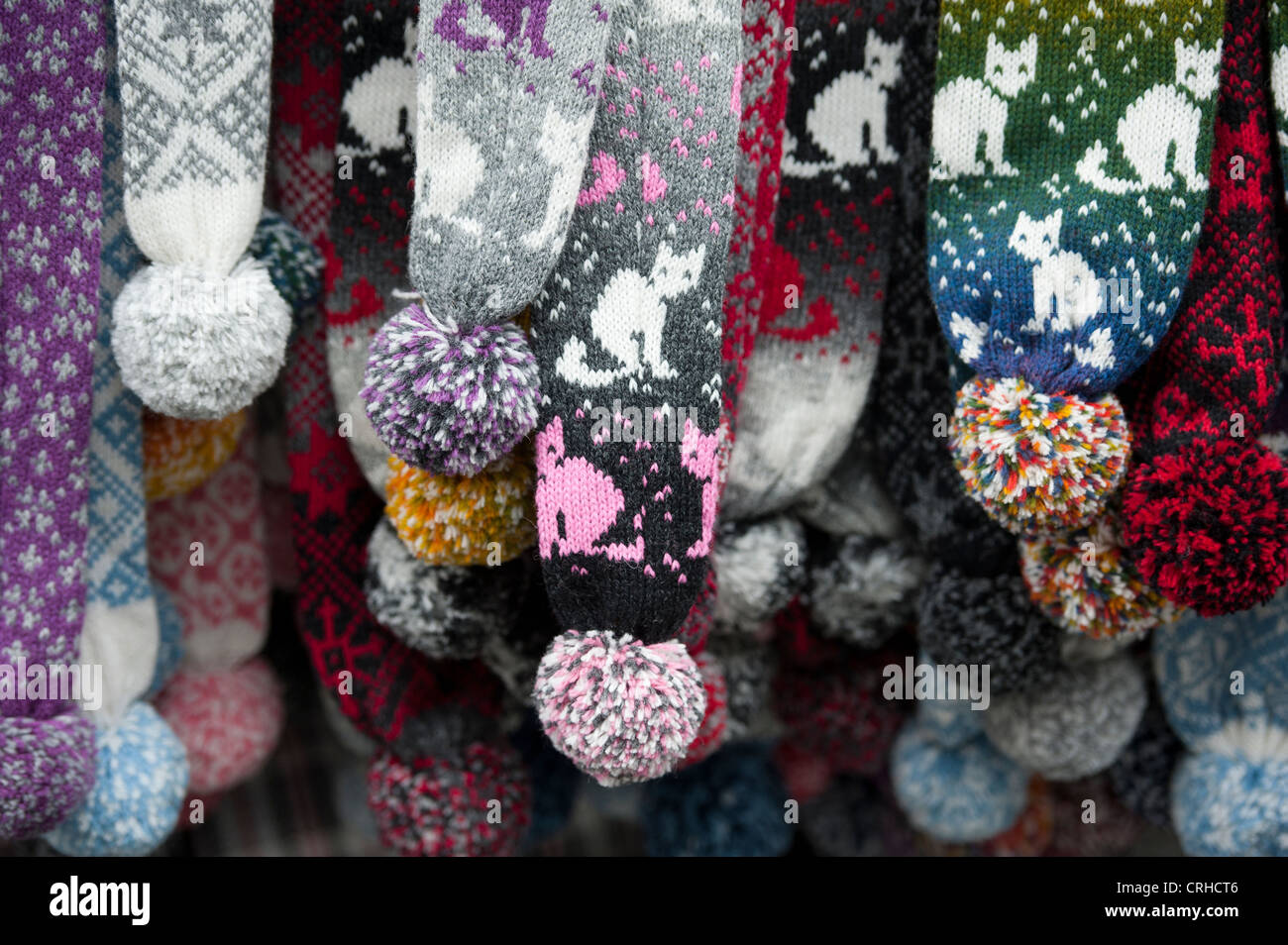 Several colourful hats for sale on a market stall in Tallinn, Estonia, Baltic States Stock Photo