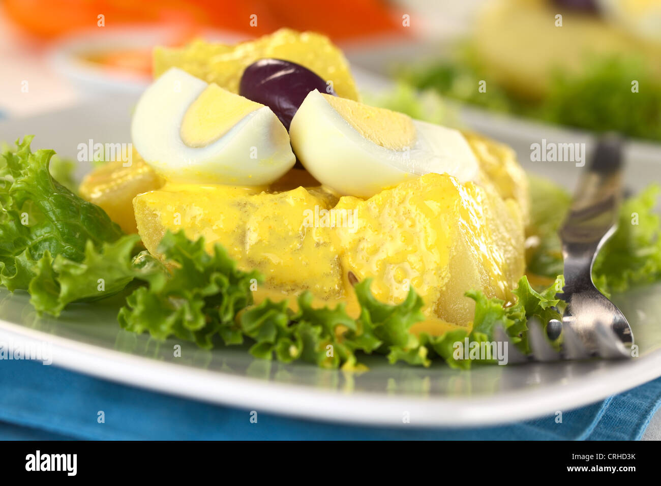 Peruvian appetizer called Papa a la Huancaina made of cooked potatoes