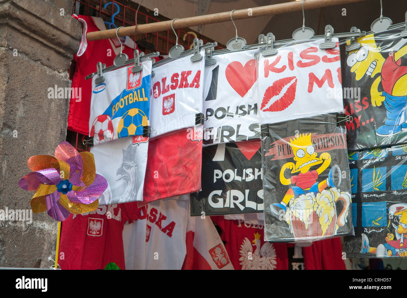 Football scarves shop in Florianska Street, Krakow, Poland. Stock Photo